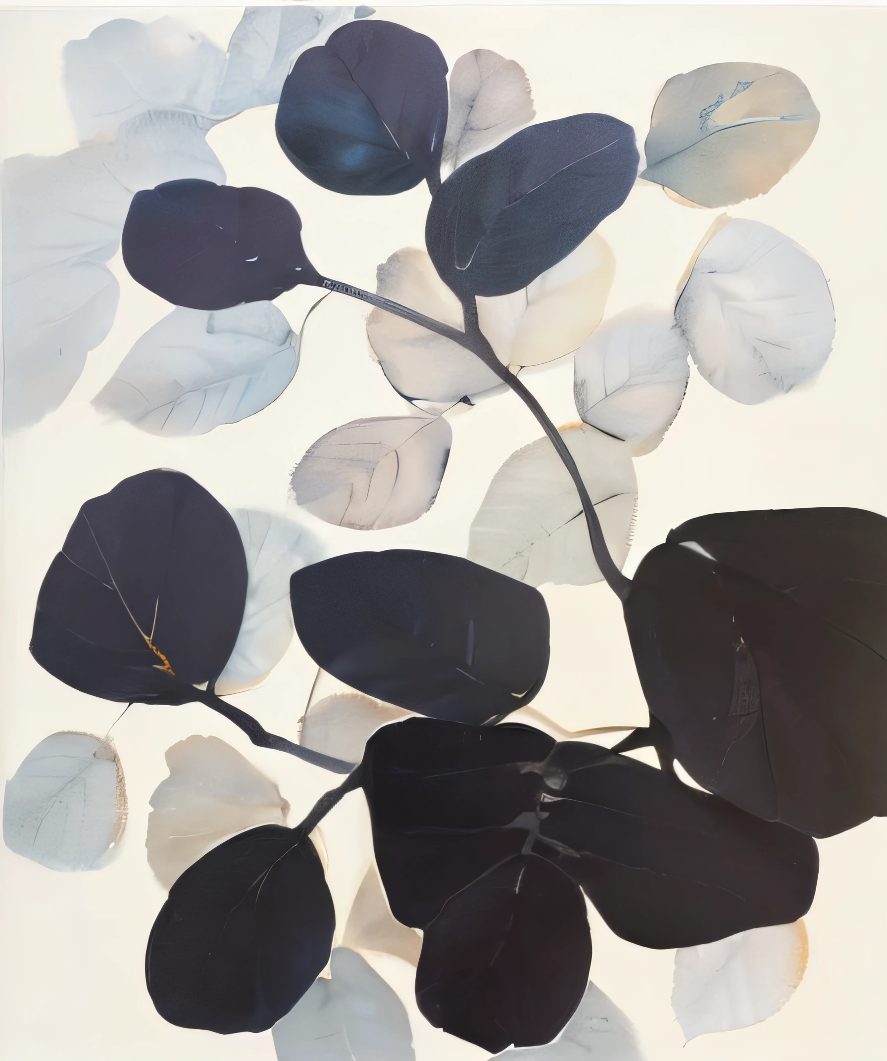 Close up of leaf painting on white background, Thick texture acrylic painting,cream-colored,silver grey,A small amount of pu blue