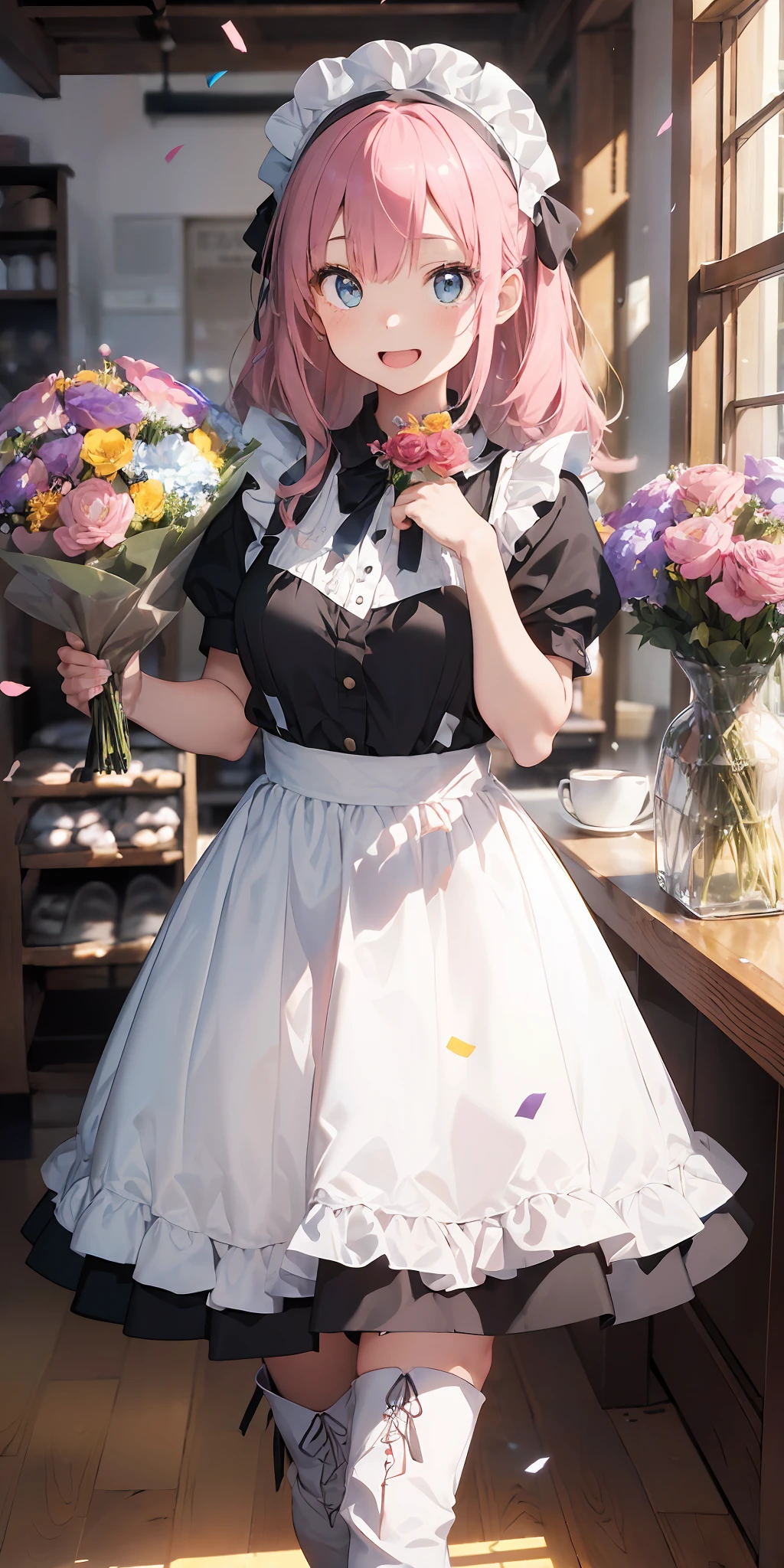 (superfine illustration:1.2),(masutepiece, 8K), (Best Quality, High quality:1.4), portlate、((Super Pastel)),Perfect Anatomy, Hyper Detailed, ultra-detailliert,masterpiece background,beautiful detailed background, V8K Wallpapers,perfect design, 1girl in, Solo, ((holding a large bouquet of flowers in both hands:1.4)),(Confetti:1.4),(One-handed microphone)、)(slender, Very short sleeves,Pink hair,maid, Outstanding smile、frombelow, Cowboy Shot:1.2), (lightsmile, Open mouth, 17 years old, Pink hair, (Super long hair,Twin-tailed), Blue eyes, Blue eyes, Black blouse, Short sleeves, maid apronl, white maid apron, Long black trousers, Long pants, long boots, Slender girl), (Inside a coffee shop in a fantasy world of medieval Europe)、(dynamic motion)、