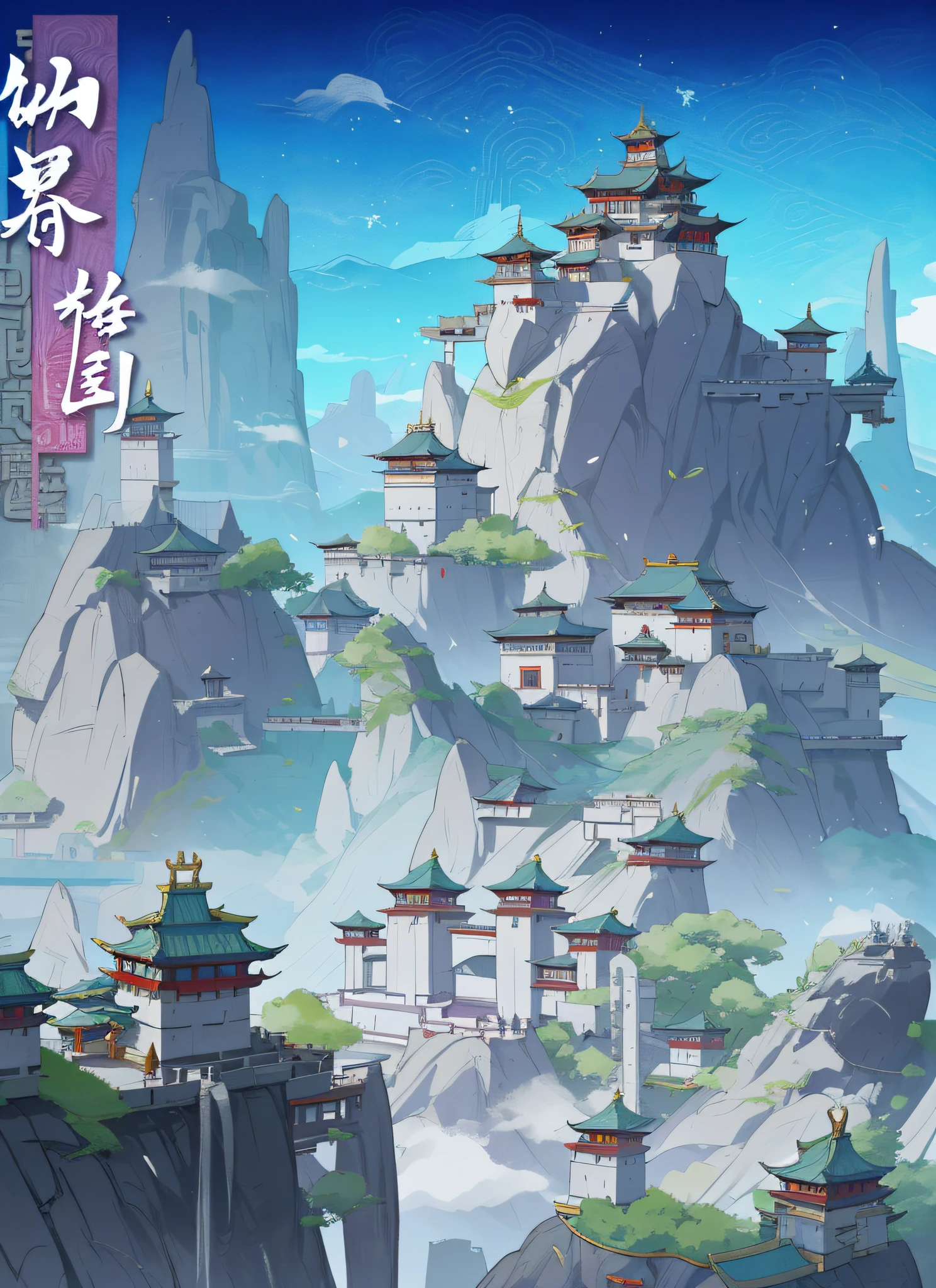 there is a picture of a cartoon style scene of a mountain town, mobile game background, mountain fortress city, temple background, g liulian art style, background art, xianxia fantasy, onmyoji detailed art, ancient city landscape, heise jinyao, background artwork, ancient city of white stone, anime background art, cyberpunk chinese ancient castle