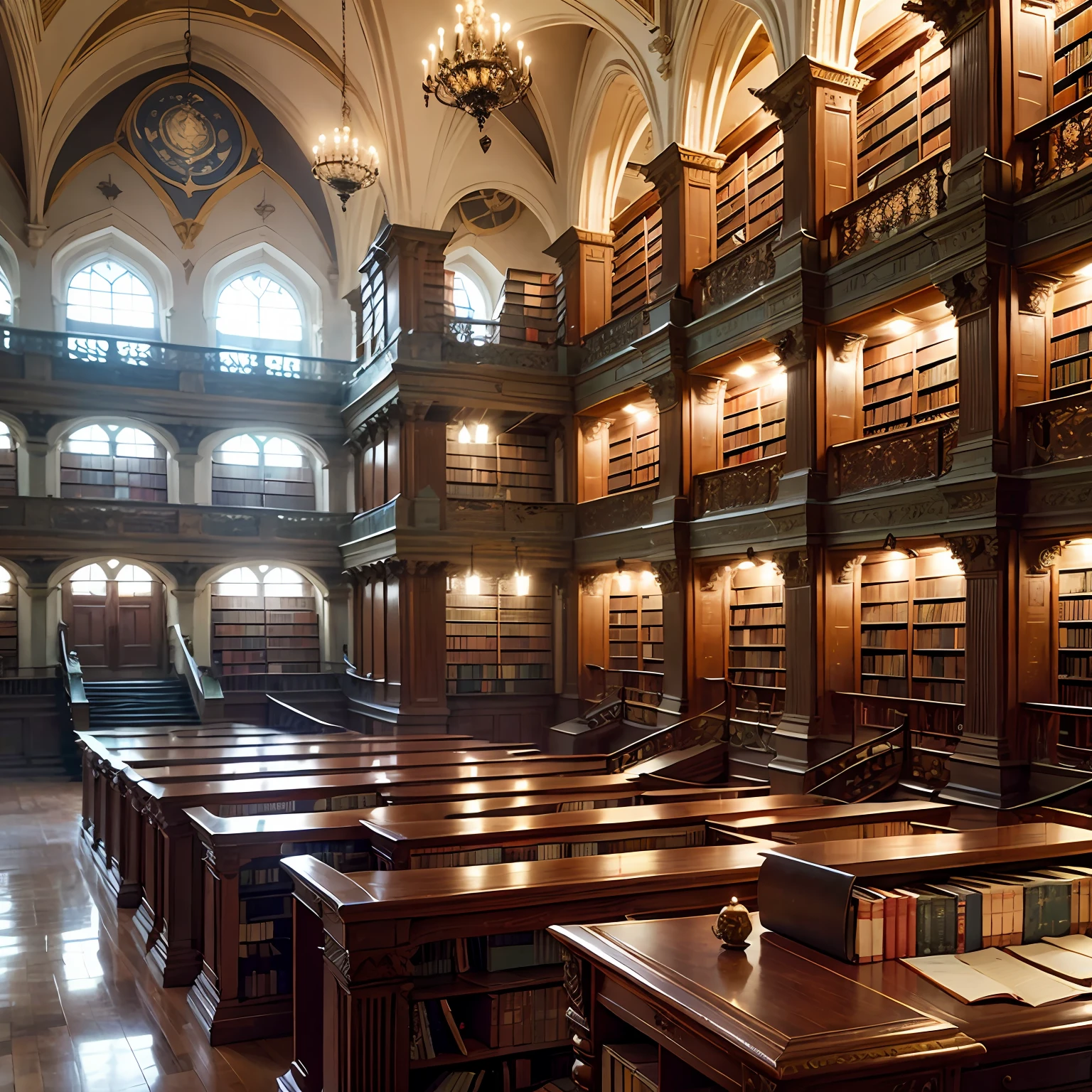 ancient library hall with huge collection of books. many levels in the halls connected with staircases. dimly lit at places. some lights hanging from here and there. arrangments for reading section as well. --auto --s2
