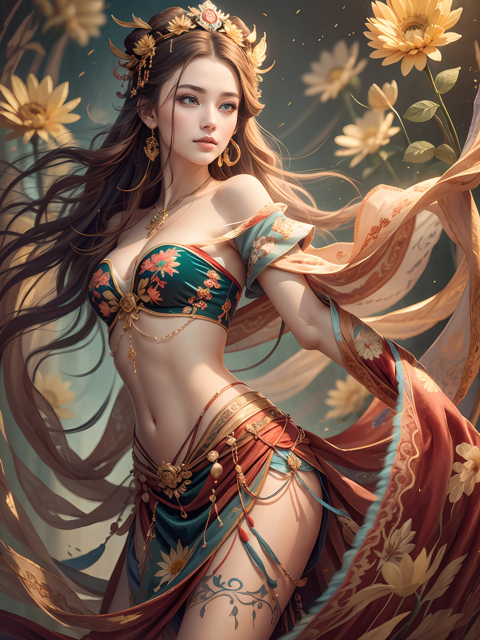 Bestquality,a masterpiece,Ultra-detailed high resolution,(Vivid:1.4),RAW Photos,,illustartion,1girle,(Solo exhibition:1.2),(Cowboy lens:1.2),(Hair crown:1.2),Traditional costumes of Dunhuang, China,strapless,(Red eyeliner:1.2),(Black eyes:1.4),earings,Dynamic angle,opera house,messy_long_hair,ink,Cinematic Light,lens_flare,velvet,chrysanthemum,tassels,Ribbon,Colorful embroidery,upper half body,facing the lens,Dynamic Pose,Large,Embroidered cloth shoes