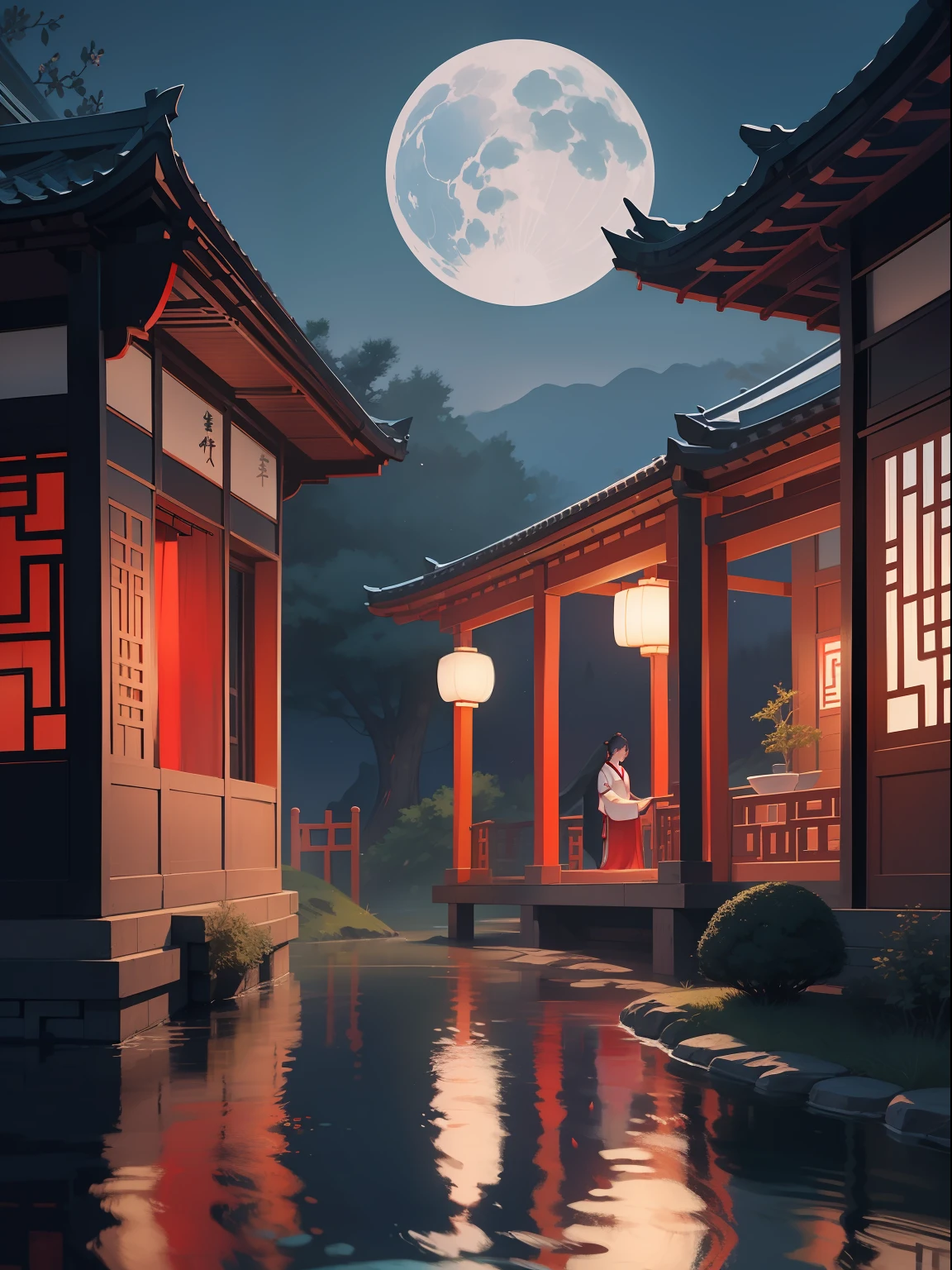 a night scene with the Chinese porch, a Chinese lady walk through, wearing Hanfu, Minimalist illustrations, classical, Chinese Zen, minimalism, Tang dynasty, landscape painting, red and classical blue gradient, water reflection, moon, zen-like tranquility