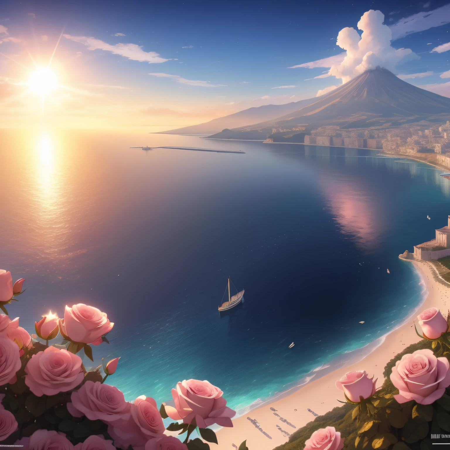 arafed gulf of Naples with the Mount Vesivious in Italy, relaxing concept art, exterior background art, rpg maker style gulf of Naples, anime background art, epic gulf of Naples with Mount Vesuvious concept, water reflecting the sun, light pink roses decoration, 8 k quality detailed art, trending on artstation pixiv, magical atmosphere + masterpiece,  gulf of Naples with the Mount Vesivious,  gulf of Naples with the Mount Vesivious of ruina concept art, dreamy atmosphere, only  gulf of Naples with the Mount Vesivious, no people, no one, nobody
