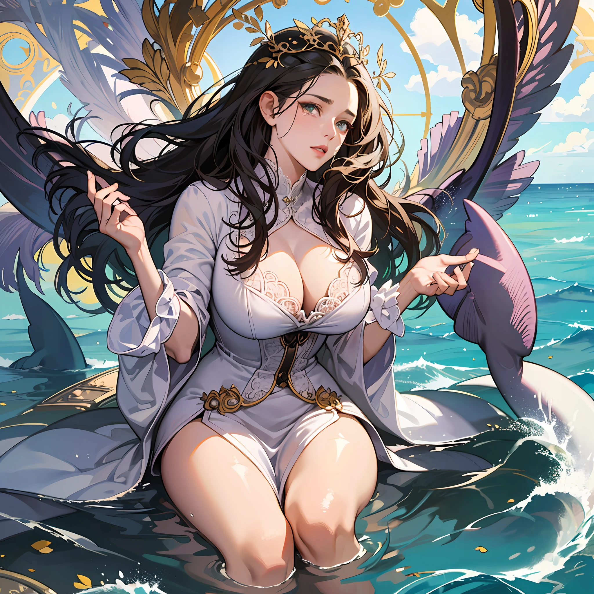 Photorealistic fantasy scene from a dream, mature voluptuous scared angel woman, folded filigree feathered wings, just waking up sitting in her opulent decorated bed, timid, shy, surprised, tears, her filigree bed outdoors (drifting floating in the ocean), desperately holding on her filigree lace blanket, partially covered, one firm breast exposed, her long voluminous hair blowing in the strong wind, thunderstorm, (rough sea background, strong swell, sharks circling her bed, heavy rain), tears, stunning captivating bright eyes looking at viewer
