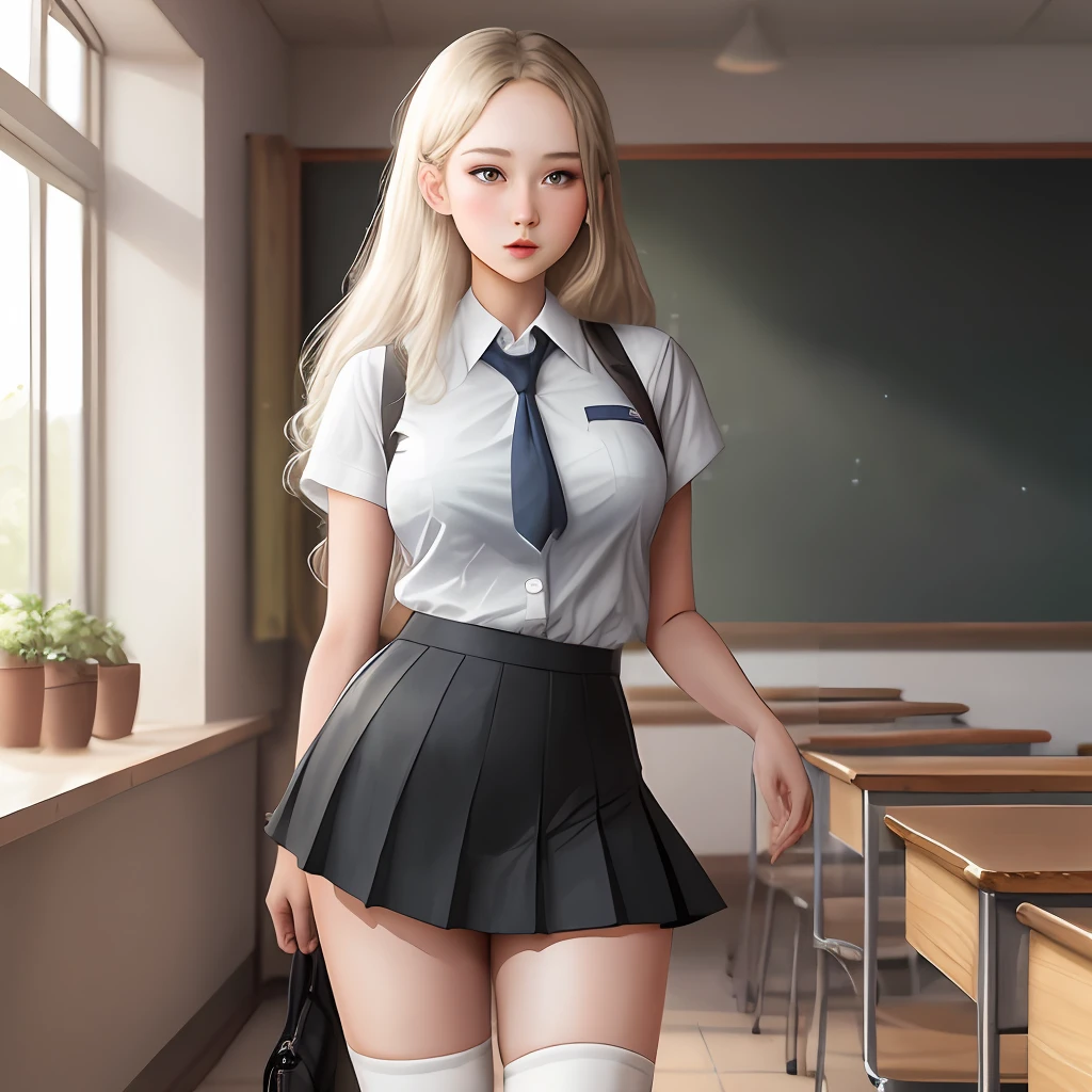 pupils，over knee socks，short  skirt，whaite hair，long whitr hair，short  skirt，schoolgirls，Tall and tall，mediuml breasts，