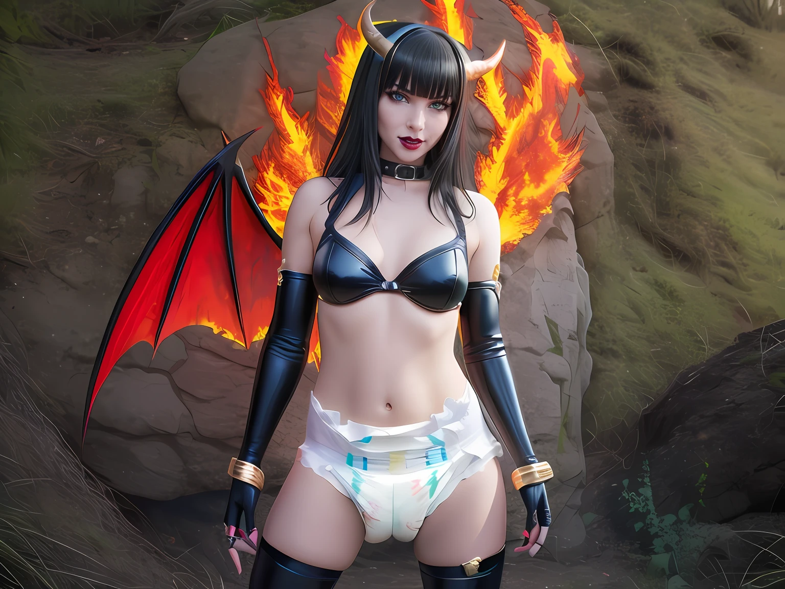 (masterpiece, top quality, best quality, highly detailed:1.2), semi-realistic, 1girl, solo, photo of a sexy succubus posing seductively in a soiled diaper, burning red cave, outdoors, standing, diaper, black diaper, wet diaper, soggy diaper, messed diaper, diaper mess, hypermessing, diaper waistband peek, faded wetness indicator, thigh high metal heels, black hair, red eyes, smirking, golden braclet, goled coller with ruby in the middle, ruby ring, black lipstick, black long metal gauntlets, red skin, wings, horns, dark, fire