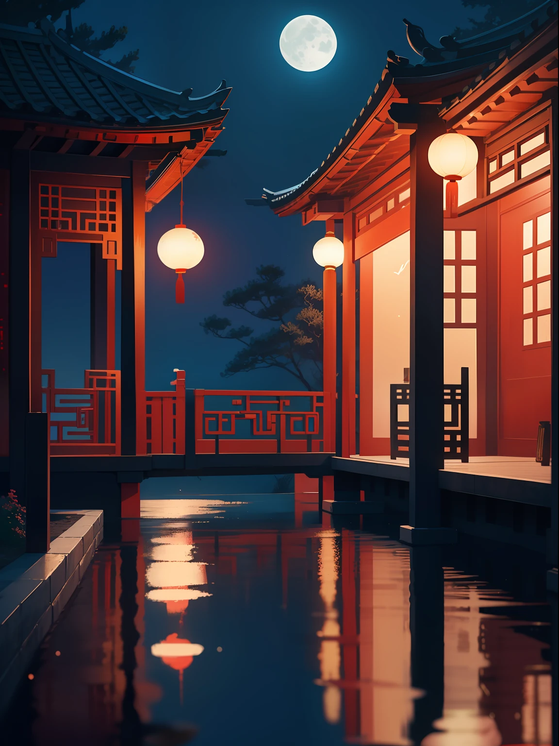 a night scene with the Chinese porch, a Chinese lady walk through, wearing Hanfu, Minimalist illustrations, classical, Chinese Zen, minimalism, Tang dynasty, landscape painting, red and classical blue gradient, water reflection, moon, zen-like tranquility