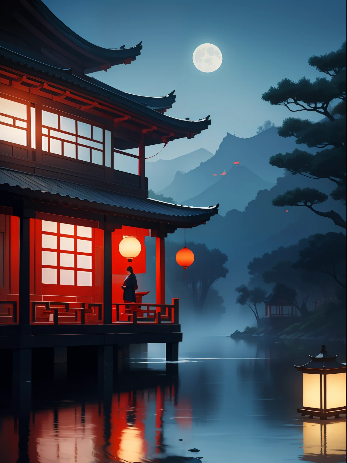 a night scene with the Chinese porch, a Chinese lady walk through, wearing Hanfu, Minimalist illustrations, classical, Chinese Zen, minimalism, Tang dynasty, landscape painting, red and classical blue gradient, water reflection, moon, zen-like tranquility