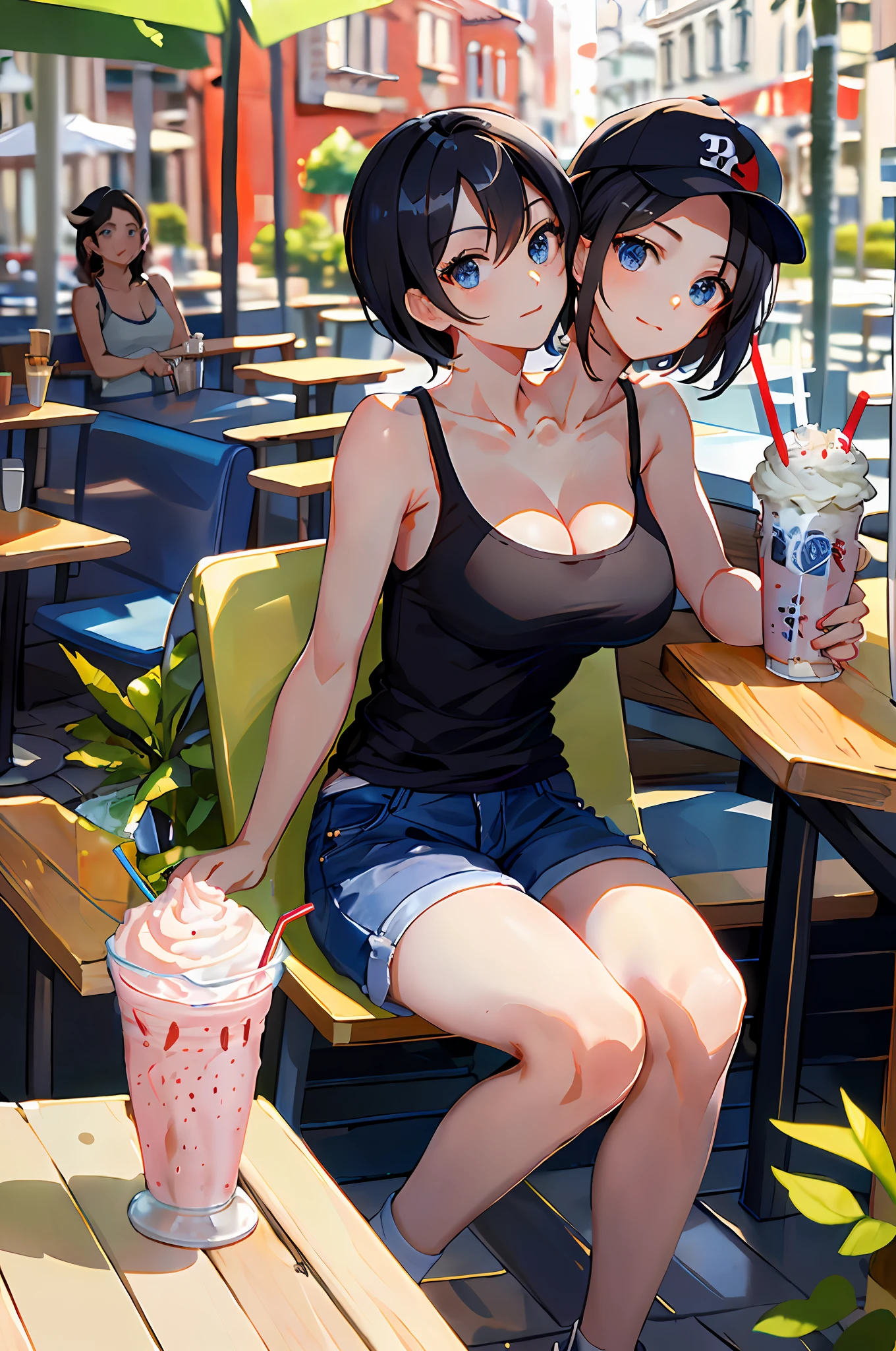 (masterpiece, best quality), best resolution, (2heads:1.5), 1girl, black hair, short hair, shoulder length hair, blue eyes, two baseball caps, red tank top, black short pants, drinking a milkshake, sitting at a table, outdoor cafe patio