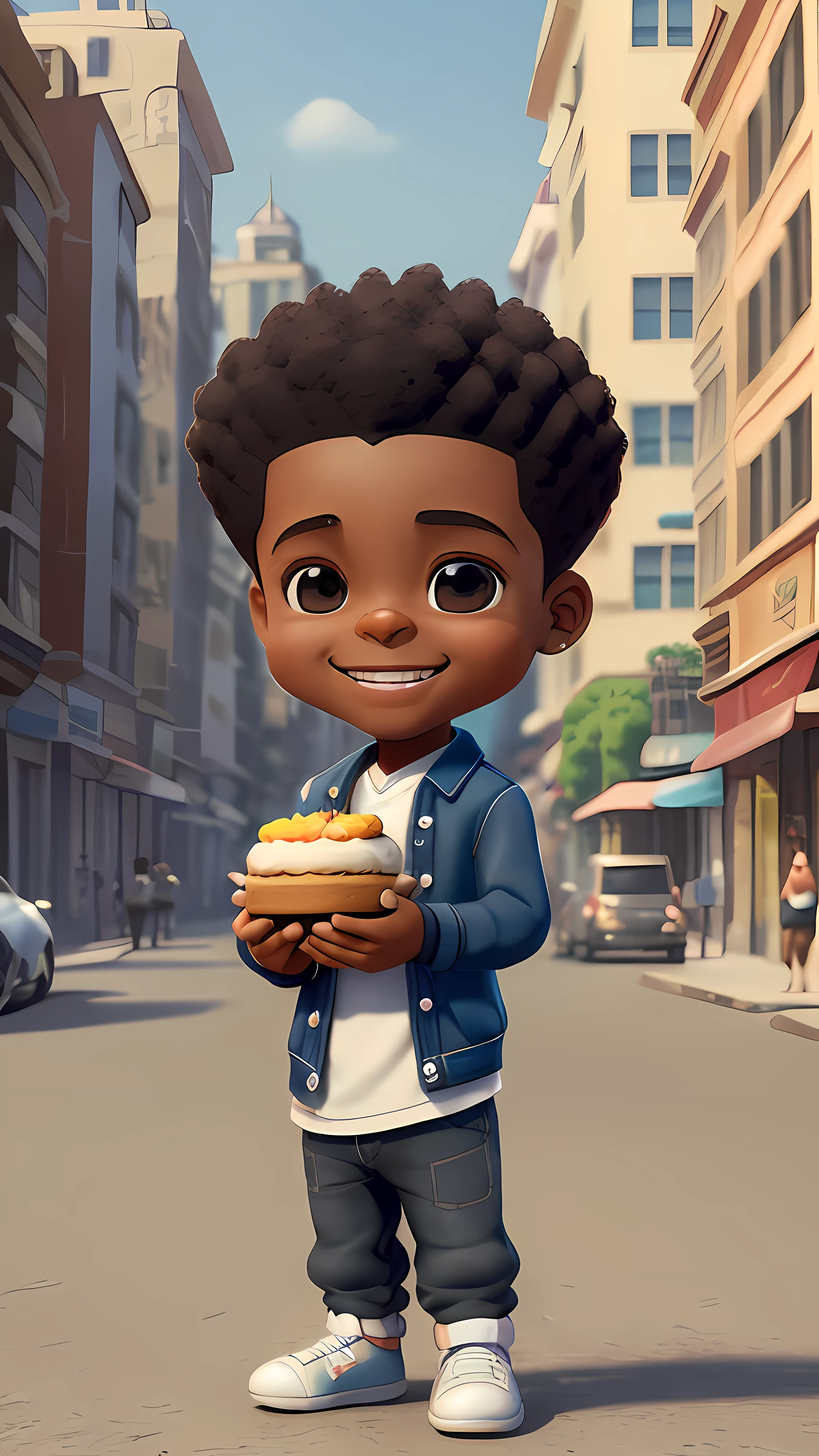 3D cartoon character holding a small cake on a city street, black boy, (detailed facial affections)(((baby))), movie art, clean shot, ghailan!, like a pixar character, handsome young man, afro hair, grace and blessing, (((cute smile))),rendered in unreal, movie promo image, rendered image