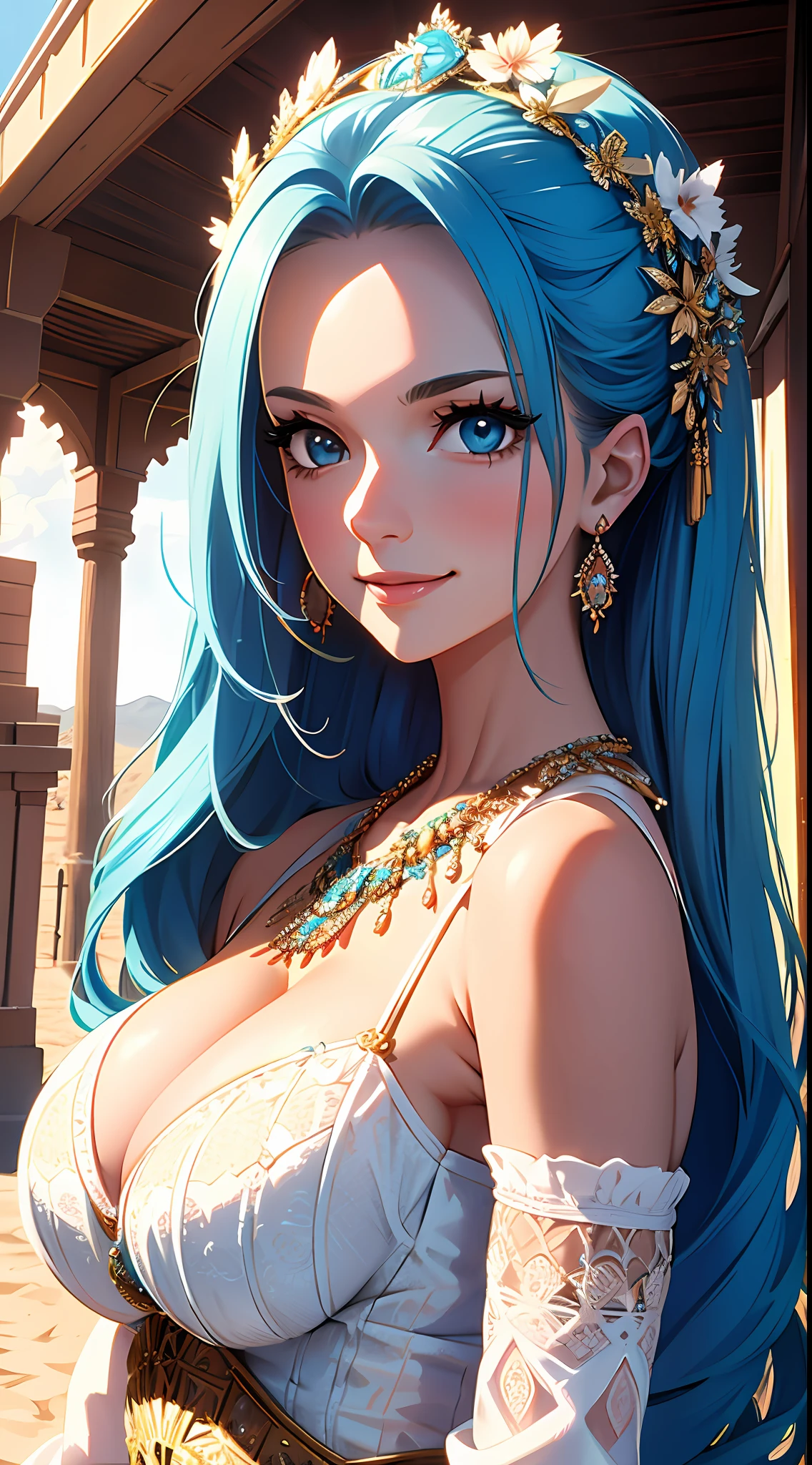 Masterpiece, ((Ultra detailed backgrounds, Delicate pattern, intricately details)), (Highly detailed, Fine details), Best quality, 1girll, Long hair, cleavage,Large breasts,Off-the-shoulder attire,Blue hair, Solo, jewelry, Earrings, pony tails, hair adornments, necklace, sky, Blue eyes, complex detailed background, outside, Sunny, desert town environment, hair lift, with hands behind her back, Smile,