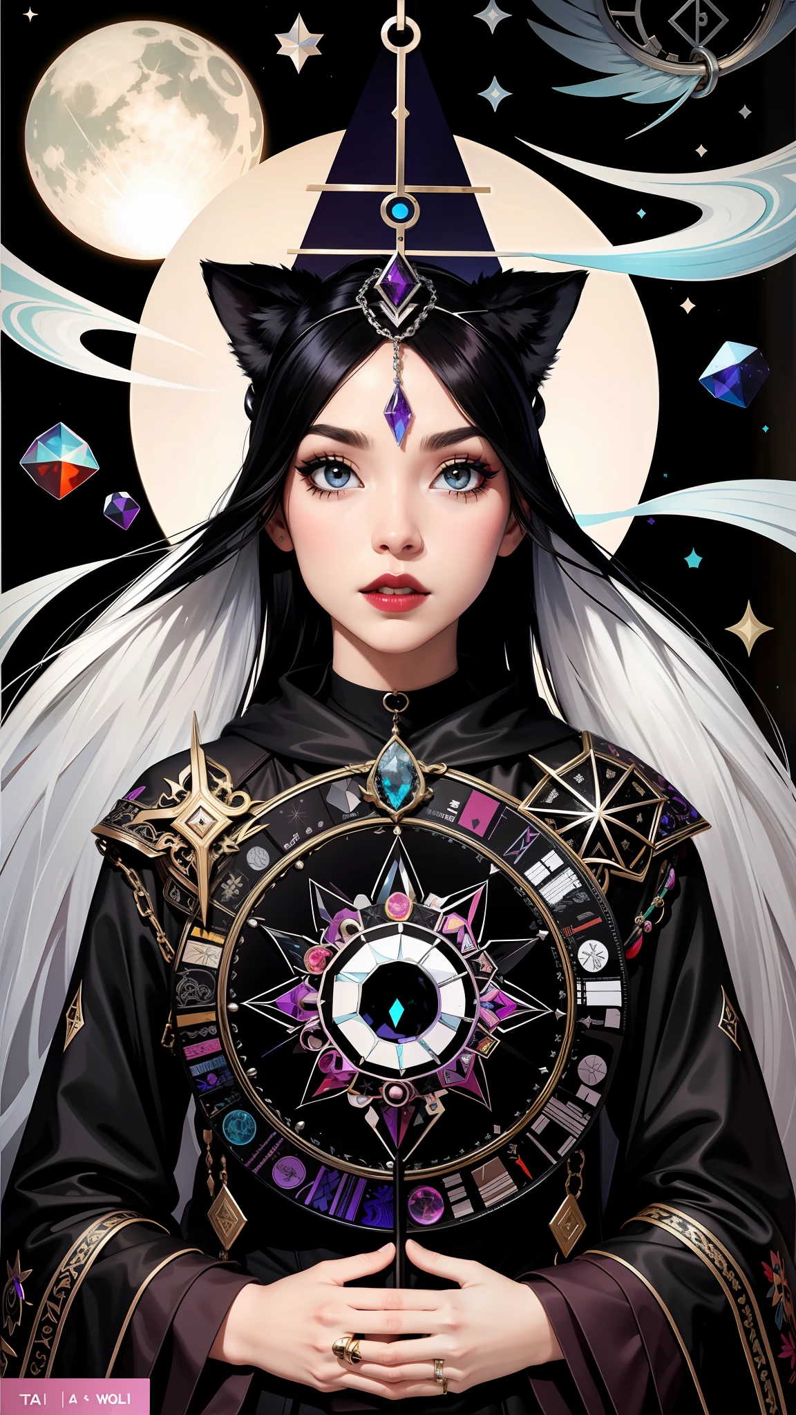 Model: long wavy hair, full dark lips, Smoky eyes, BREAK, Setting: Room with black color, Broken glass,multicolored neon crystals, BREAK, bodypaint: Polychromatic geometric patterns, Torso cover, Arms and legs, BREAK, Accessories: Chrome-plated chains with torn body, Silver Choker, black feathered white black wings,BREAK, the pose:looking forward, truth, Magic, Magic, wolf ears, Wolf, up close, northern lights, spectrum