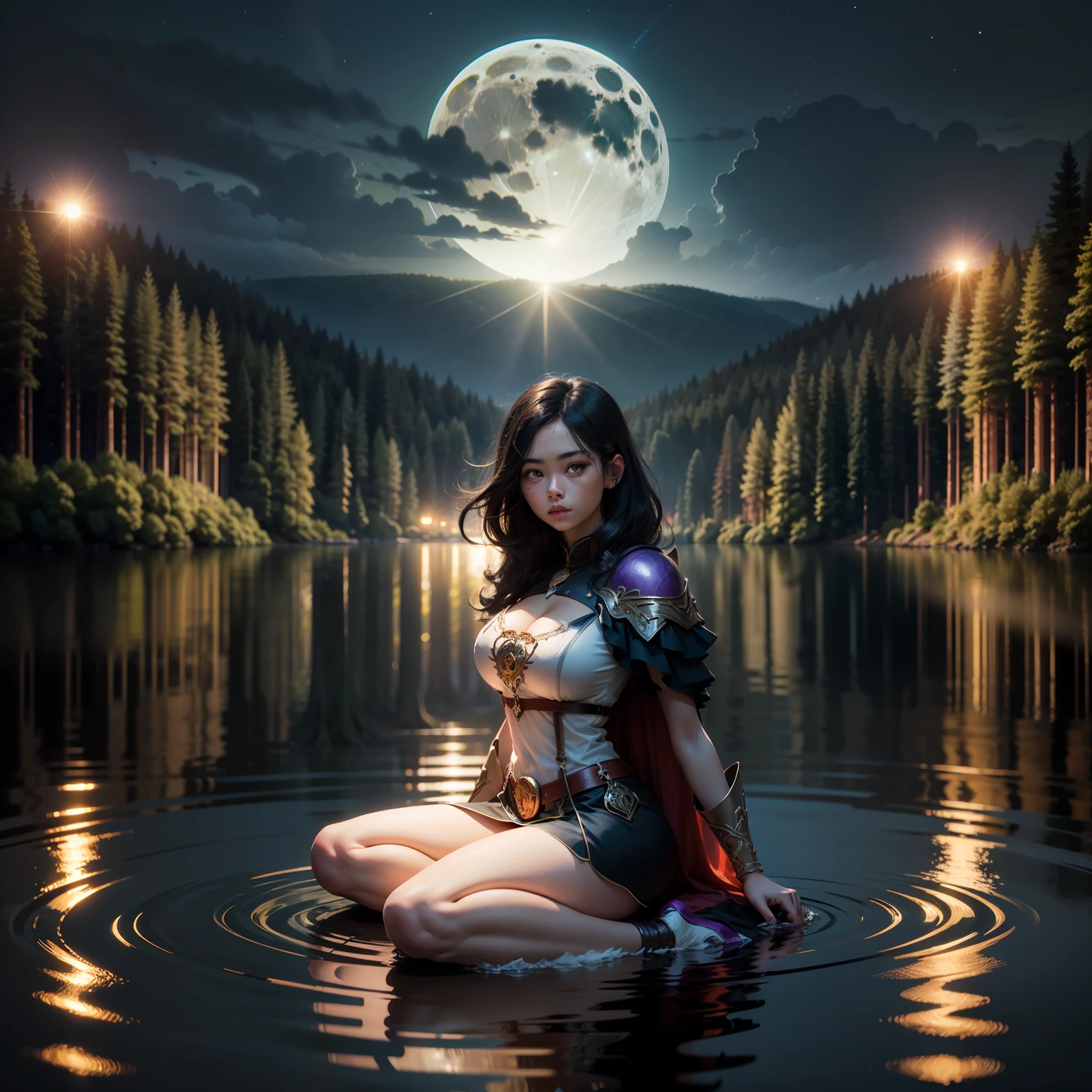 black hair, beautiful girl, slender girl, busty girl, sitting next to a circular lake, moon reflecting on the lake, night time, lake middle of the forest, isolated, Surrealism, panorama, ray tracing, bloom, reflection light, god rays, depth of field, wide shot, 8k, super detail, award winning, HD, fantasy purple
