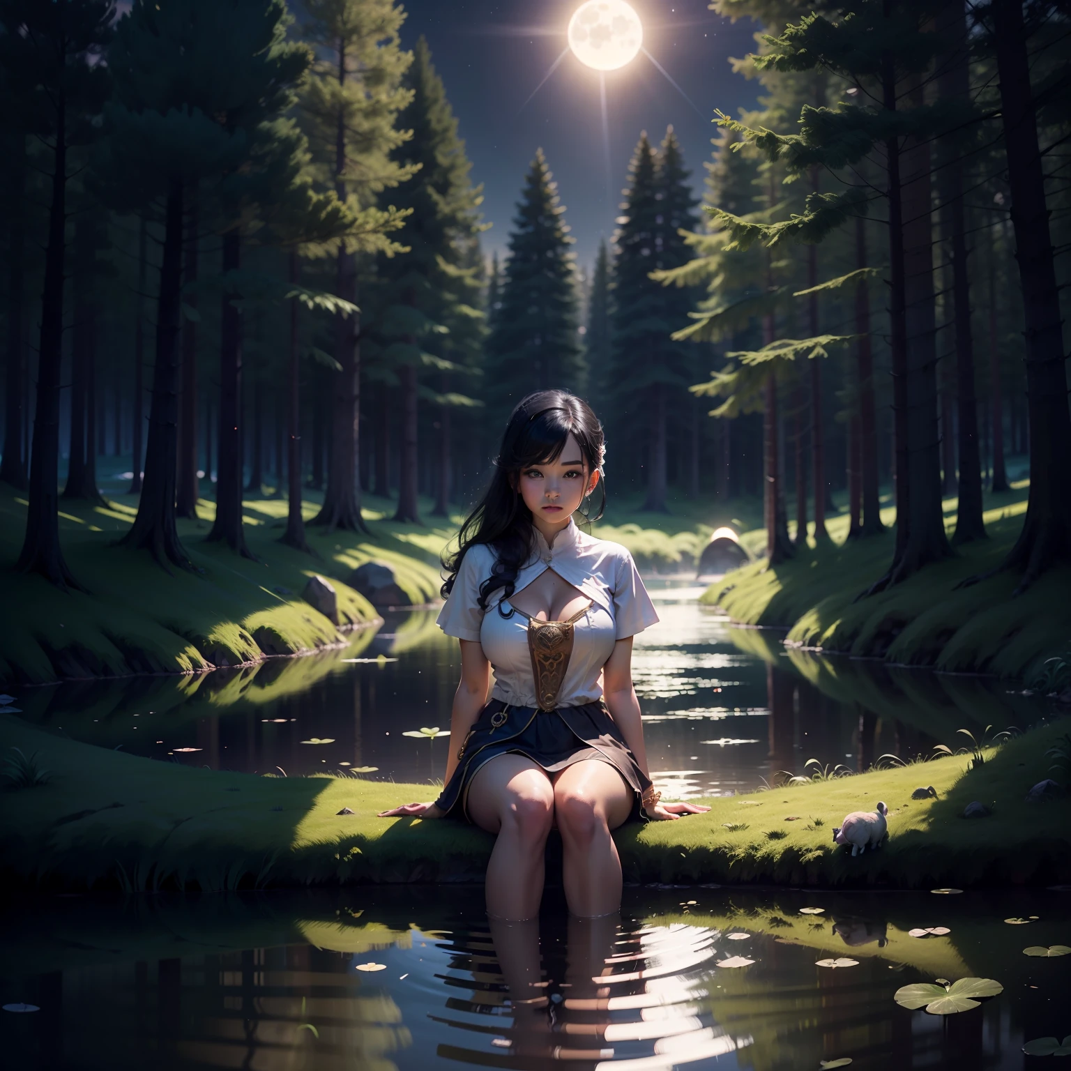 black hair, beautiful girl, slender girl, busty girl, sitting next to a circular lake, moon reflecting on the lake, night time, lake middle of the forest, isolated, Surrealism, panorama, ray tracing, bloom, reflection light, god rays, depth of field, wide shot, 8k, super detail, award winning, HD, fantasy purple lighting