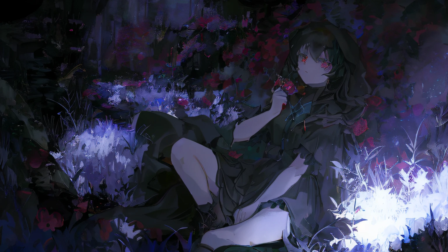 Anime girl sitting in a flower field，Draped in a black cloak, romanticism lain, zerochan art, anime lush john 8k woods, By Yuumei, author：Shitao, author：Hosomura Kane, gapmoe yandere grimdark, author：New Art, the anime girl is crouching, Anime girl wearing black dress, gothic maiden anime girl