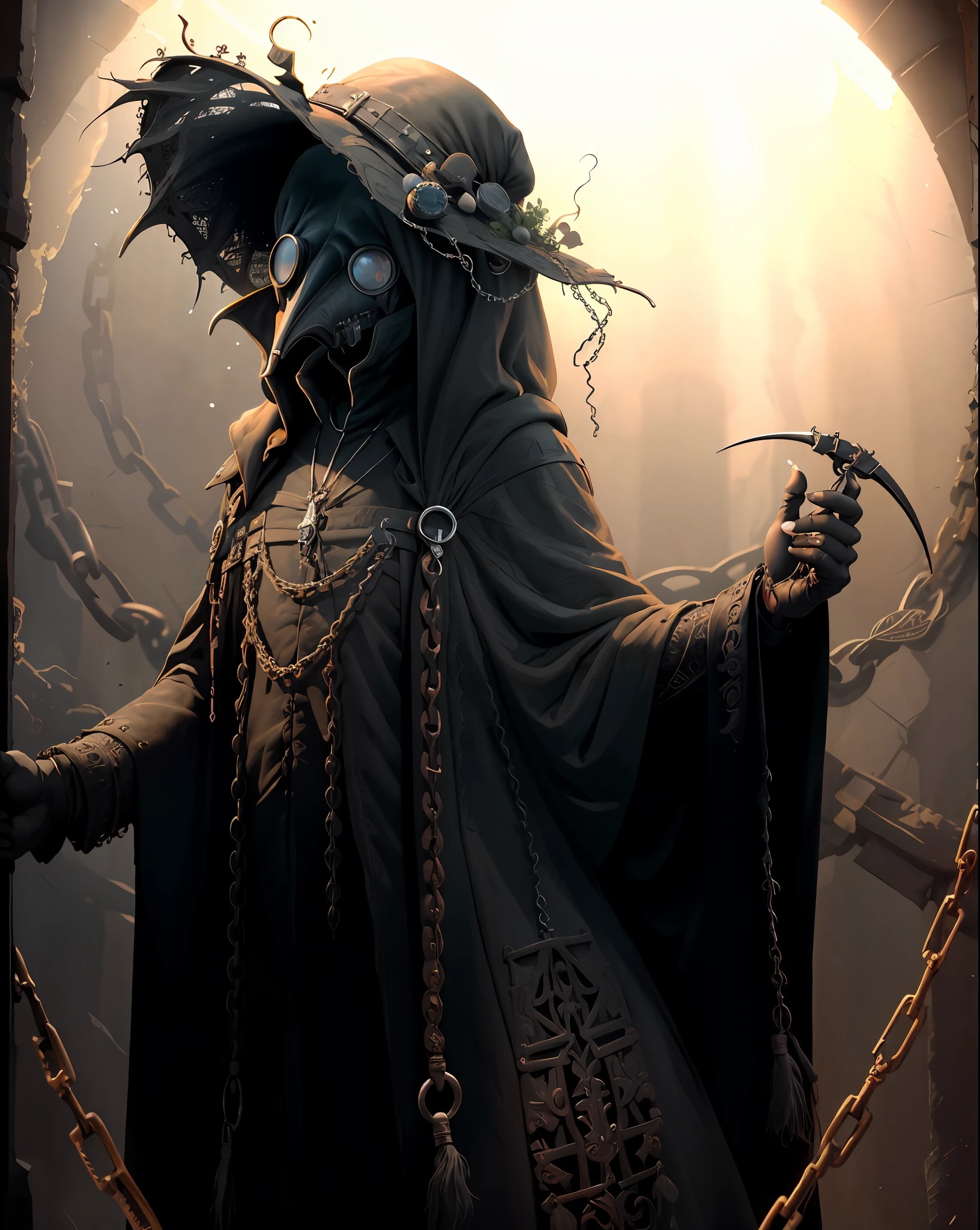 (Masterpiece, Best Quality), highres, (8k resolution), centered, (ultra-detailed), madgod, solo, plague doctor, goggles, hat, chains, black veil, beaked mask, volumetric lighting:1.1, dark, (details:1.2), sharp focus, floating particles, (depth of field), high quality, fuji 85mm, ruins, scenery, extremely detailed background, nightmare, 8k, intricate, holding, scythe, long fingers, long fingernails,