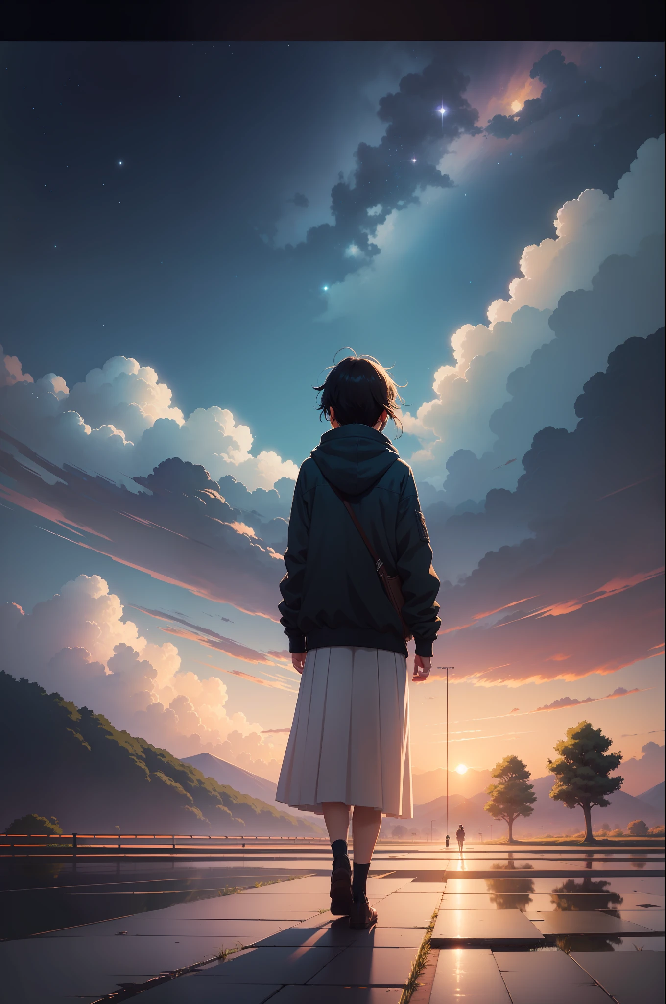 High quality masterpiece ，scenecy，The anime trail is lined with fields，in the early morning， Glittering starry sky。Modern China is idyllic，Pedestrians coming and going in the distance，Pisif，concept-art，Lofi art style，Reflectors。 By Makoto Shinkai, Lofi art, beautiful anime scenes, Anime landscapes, Detailed scenery —width 672, in the style of makoto shinkai, Makoto Shinkai's style，Detail enhancement。