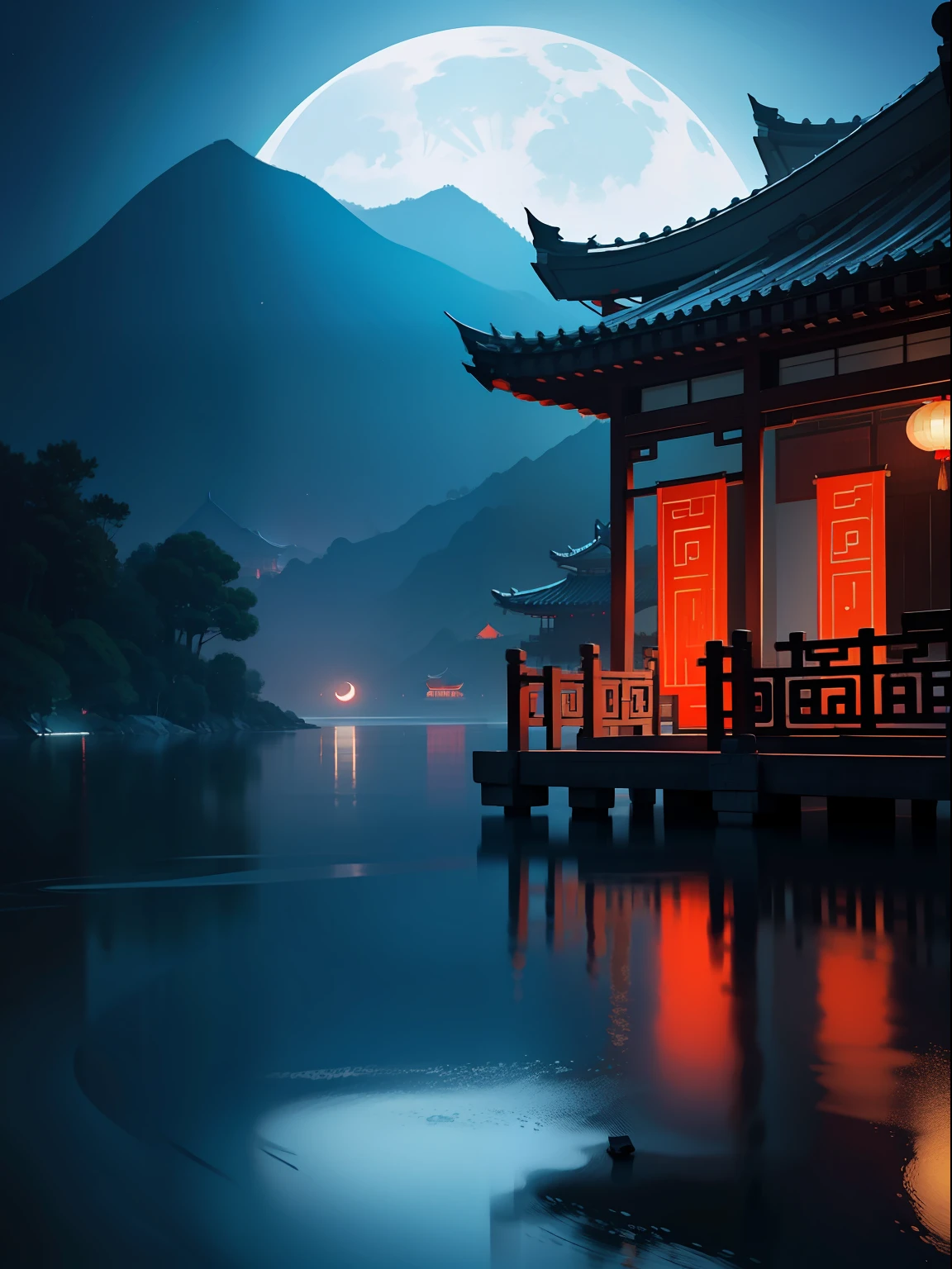 a night scene with the Chinese porch, a Chinese lady walk through, wearing Hanfu, Minimalist illustrations, classical, Chinese Zen, minimalism, Tang dynasty, landscape painting, red and classical blue gradient, water reflection, moon, zen-like tranquility