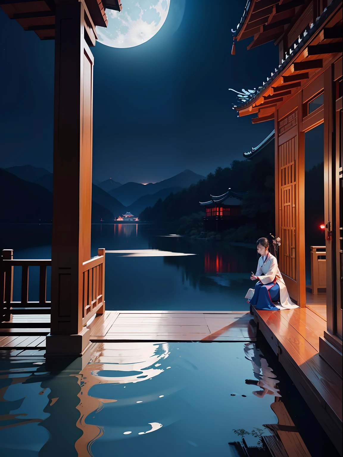 a night scene with the Chinese porch, a Chinese lady walk through, wearing Hanfu, Minimalist illustrations, classical, Chinese Zen, minimalism, Tang dynasty, landscape painting, red and classical blue gradient, water reflection, moon, zen-like tranquility