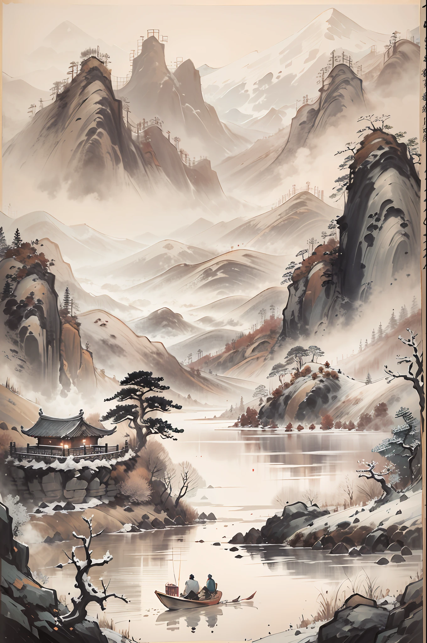 Traditional Chinese style,Black and white Chinese ink painting,water ink,ink,Smudge,Winters,nevando,Oyuki,In the distance, The mountains on all sides are covered with thick snow,On an empty and wide irregular circular lake, On a lonely ship, An old man in a robe sits fishing,Ultra-wide lens,Ultra vision,Empty River,Ethereal breath,Beautiful artistic conception,Ancient Chinese poetry