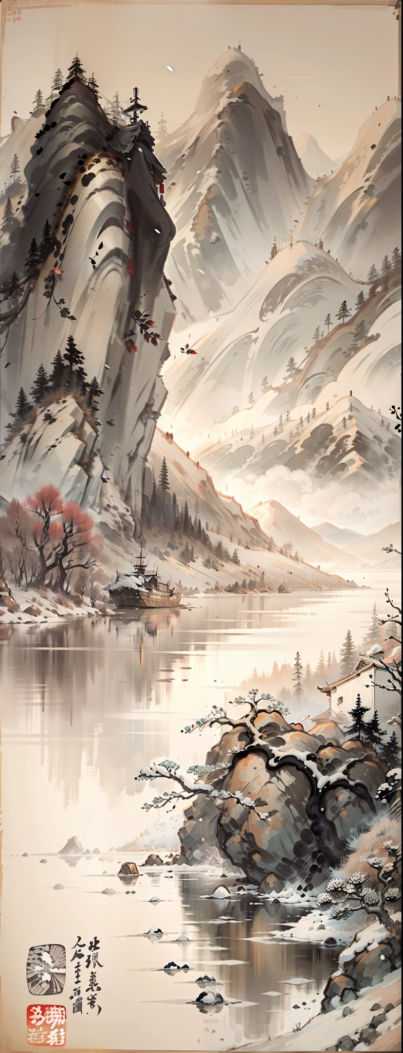 Traditional Chinese style,Black and white Chinese ink painting,water ink,ink,Smudge,Winters,nevando,Oyuki,In the distance, The mountains on all sides are covered with thick snow,On an empty and wide irregular circular lake, On a lonely ship, An old man in a robe sits fishing,Ultra-wide lens,Ultra vision,Empty River,Ethereal breath,Beautiful artistic conception,Ancient Chinese poetry