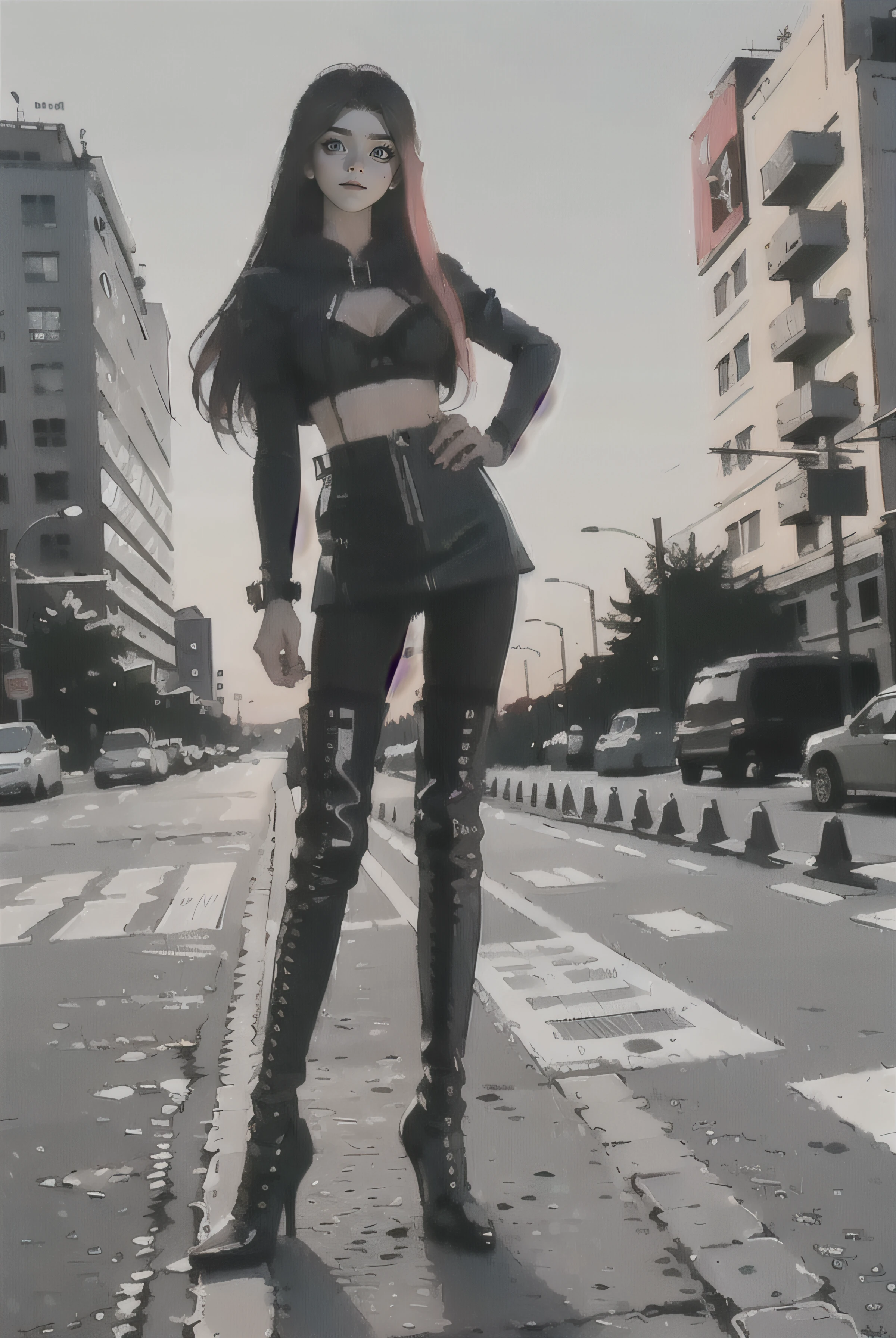 1girll,(8K, RAW photo, Best quality, Masterpiece:1.2), (1girll,Solo:1.29),(Realistic, photo-realistic:1.37),(Street photography:1.54),Boots,(2 boots,2 normal legs),over-kneehighs,(Stand upright,Orthographic lighting,whole body picture:1.88),(knee high boots:1.75),(Leather boots:1.6),(Trunk lid 3/4 legs:1.55),(High heels:1.2),(Silvery hair),(Silver boots),(leather miniskirt:1.3),(High heels:1.4),(2 Long heels:1.2),(2 stiletto heels:1.33),(2 slim heels:1.33),(Bra:1.65),(Silver patent leather boots:1.4),(The boots clung to her legs:1.5),(The boots are pressed tightly against the thighs, Accentuate the curve of the legs),(Black pantyhose:1.8),(Black thin pantyhose:1.6),(Black thin oily pantyhose:1.6),(Ultra-detailed,full bodyesbian),(Long hair,Red hair,Bright red hair:1.4),(Beautiful detailed girl:1.5) ,Beautiful nose,(Extremely detailed eyes and face:1.5), (Beautiful detailed eyes:1.5),(light in face:1.5),(Hanfu:1.1),beautiful detailed lips,Professional lighting, No hats,(Hanfu:1.1),2 legs,photon maping, Radio City, Physically-based rendering,Extremely detailed eyes and face, Beautiful detailed eyes,light in face,Cinematic lighting,Beautiful detailed sky,Details of Shanghai streets,Morning,sun light,Short jacket,Hoodie,school uniform,(Open legs:1.39),1girll,full bodyesbian,full body shot of,See-through,view the viewer,Outdoors,