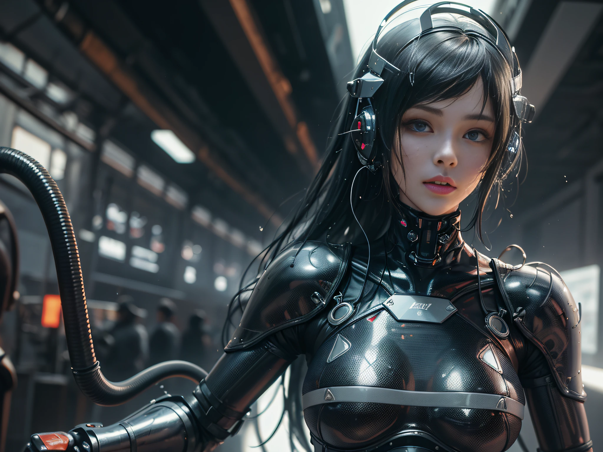 Woman in wetsuit connected by machine hose and wiring, an oppai cyberpunk, glossy wet skin!!, biomechanical oppai, Painted in high resolution, wet shiny skin, 8k high quality detailed art, [ 4 k digital art ]!!, Very detailed ArtGerm, rendered in sfm, fanart best artstation(Very cute woman gets futuristic cyberpunk hotel bodysuit completely torn sexy、Perfect body-wide coverage))。Afro Curly Black Medium Length Hair、a picture、​masterpiece、top-quality、Dark gray background、((1 Girl Glenn's eyes and gorgeous black hair、Beautiful perfect face、juicy lips、de pele branca))。Sexy ass soft breasts and white skin、Bimbo lips、Beautiful Caucasian woman in T pose。long legged((perfect chest:1.4))、((Very soft breasts))、hyperdetailed face、A detailed eye。On the test bench of a futuristic spacecraft。(((she is soaking wet)))、Her clothes are almost torn、Skin exposed、White substance and water running down her body、Exposed nipple areola、Machine hose and nipple tip are connected、Sexy Pornstar Pose、((top-quality)), ((​masterpiece)), (high-detail:1.3), 3D,nffsw_technotrex,, Computer Server, LCD Screen, Fiber Optic Cable, corporate logos, nffsw (HighDynamicRange), Ray traching, NVIDIA RTX, Hyper-Resolution, Unreal 5, Sub-surface scattering, PBR Texturing,Postprocess,Anisotropy Filtering,depth of fields,Maximum clarity and sharpness,multi-layer texture,Albedo and specular maps,Surface Shading,Accurate simulation of light-material interactions,perfectly proportions,Octane Rendering,two tone lighting,Low ISO,White Balance,thirds rule,Efficient Subpixel,sub-pixel convolution,Luminescent particles,light scattering,Tindall Effect,Sexy Pornstar Pose,Body being milked、The hose of the milking machine is connected to the chest、Milk is being milked、appearance、Milking exposed nipple areola、Connecting machine hoses and nipple tips,Woman in wetsuit connected by machine hose and wiring