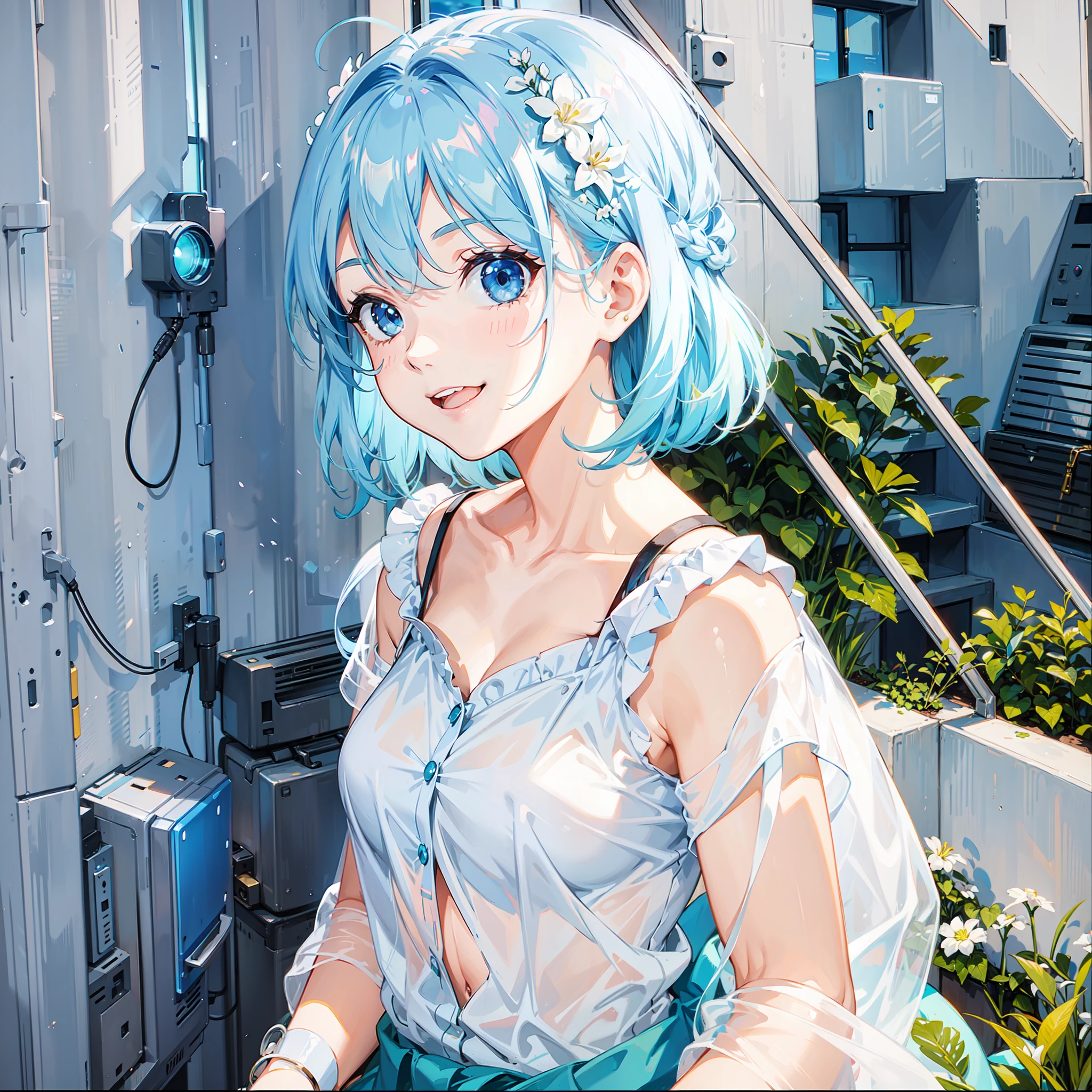 Girl with light blue hair with big smile
