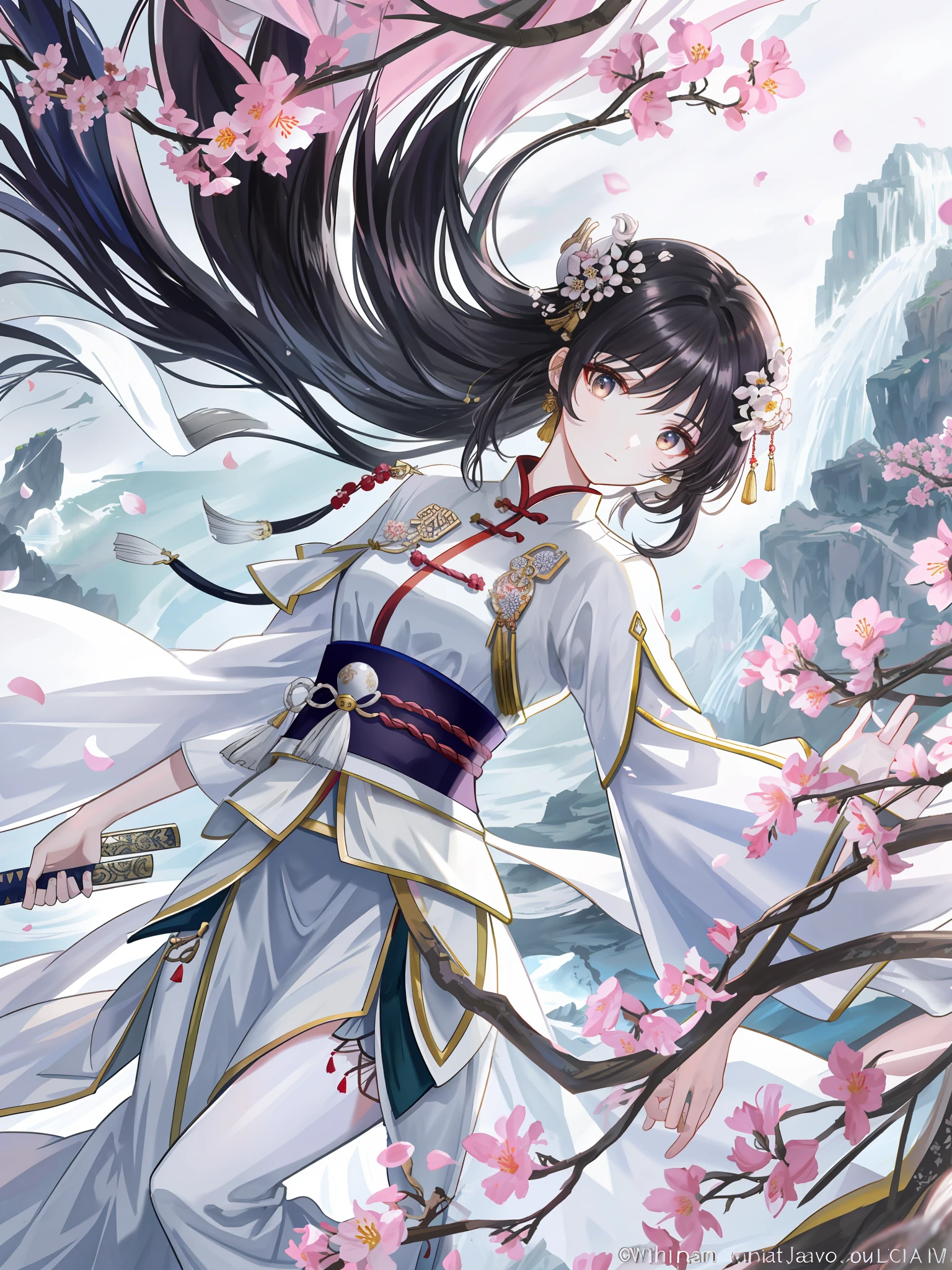ancient wind,Take a sword,White dress,There are plum blossom ornaments on the head,Beautiful and moving woman,Fine body details,smooth fair skin,one-girl,Skin highlight,The texture is strong,Close-up of people,Black hair,Fluffy hair,Hanfu,Streamers,flowy,Flowing ink,Spread out energy,Riding a Chinese dragon,Landscape waterfall in background,Global illumination,rich details