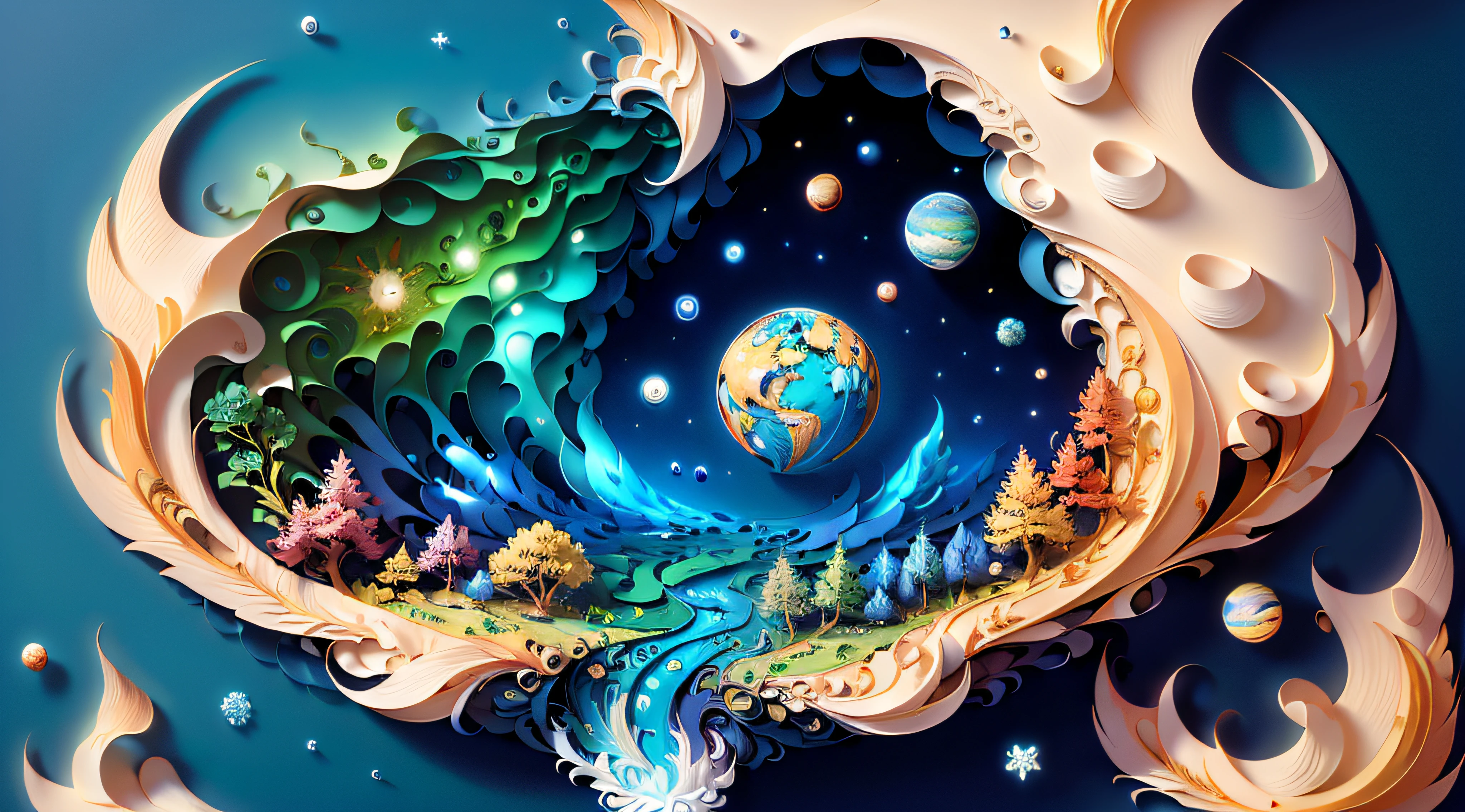 (((masterpiece))), best quality, illustration, earth, water, fire, wind, space, paper_cut,