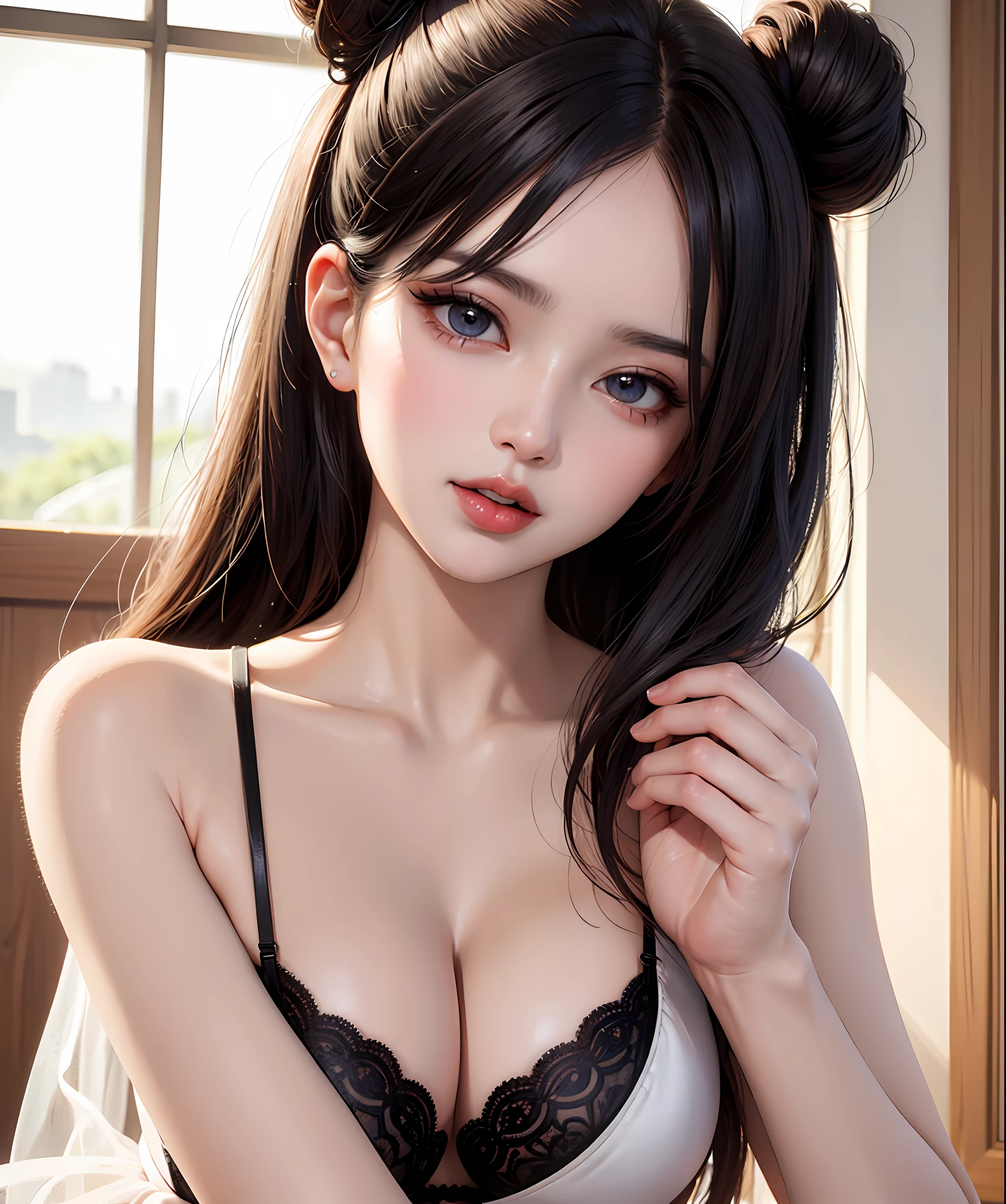 tmasterpiece, best qualtiy, 8K, beauitful face, highdetailskin, Hyper-detailing, 超A high resolution, realisticlying, A high resolution, ,lens flare glow, (The top knot hair steamed bun:1.5),(Same makeup for both eyes:1.5),s the perfect face,Eyes of pull, Detailed lighting, Detailed eyes,Detailed skins, detailed shadow,Rally's skin,(Open mouth:1.02), (eye closeds:0.9),putting makeup on,The upper part of the body,huge tit,sensual lingerie