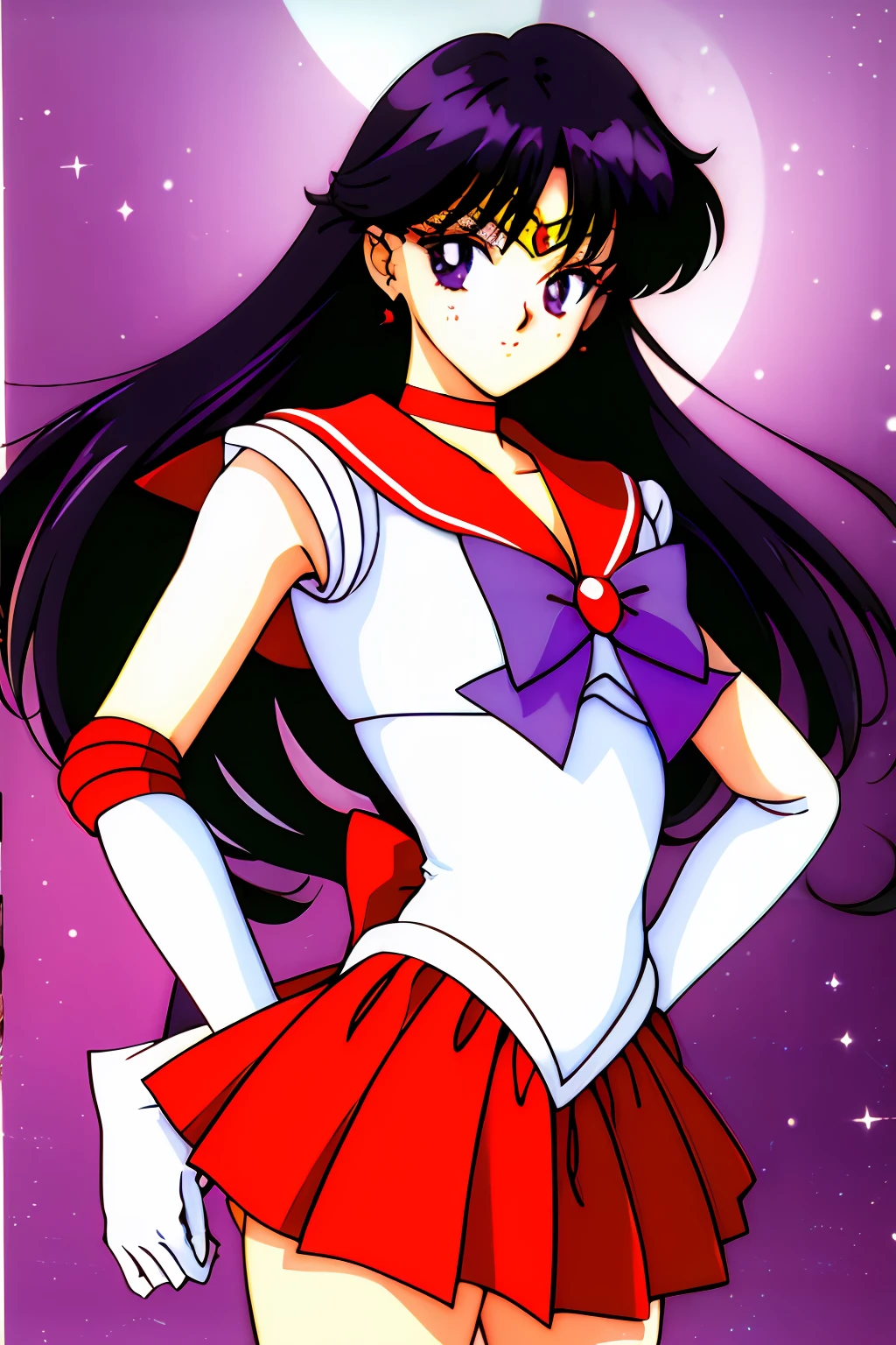 ​masterpiece, top-quality, Hi-Res, SAMA1, tiarra, Sailor Senshi Uniform, white glove, red sailor collar, no  skirt, leotard、star choker, elbowgloves, pleatedskirt, Bare legged, Purple bow, is standing, spaces, a moon, cowboy  shot, 1990's\(styles\)