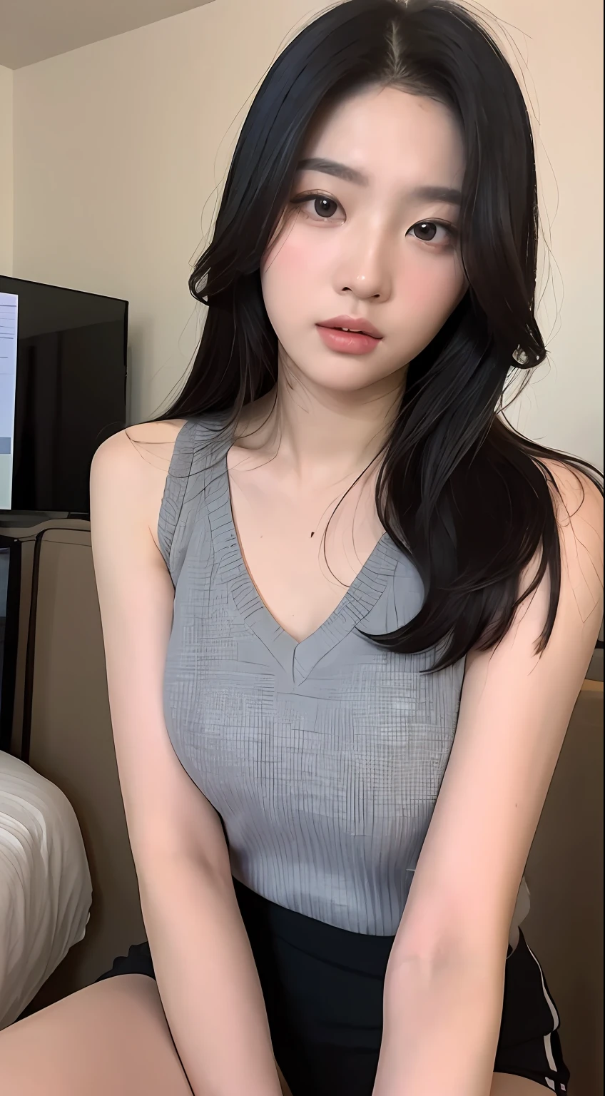 ((Top quality, 8k, Masterpiece: 1.3)), beauty, hidden face, 2 girls, beauty: 1.3, slender abs: 1.1, camisole vest, long black hair, (sitting on bed), ultra-detailed face, highly detailed lips, detailed eyes, double eyelids