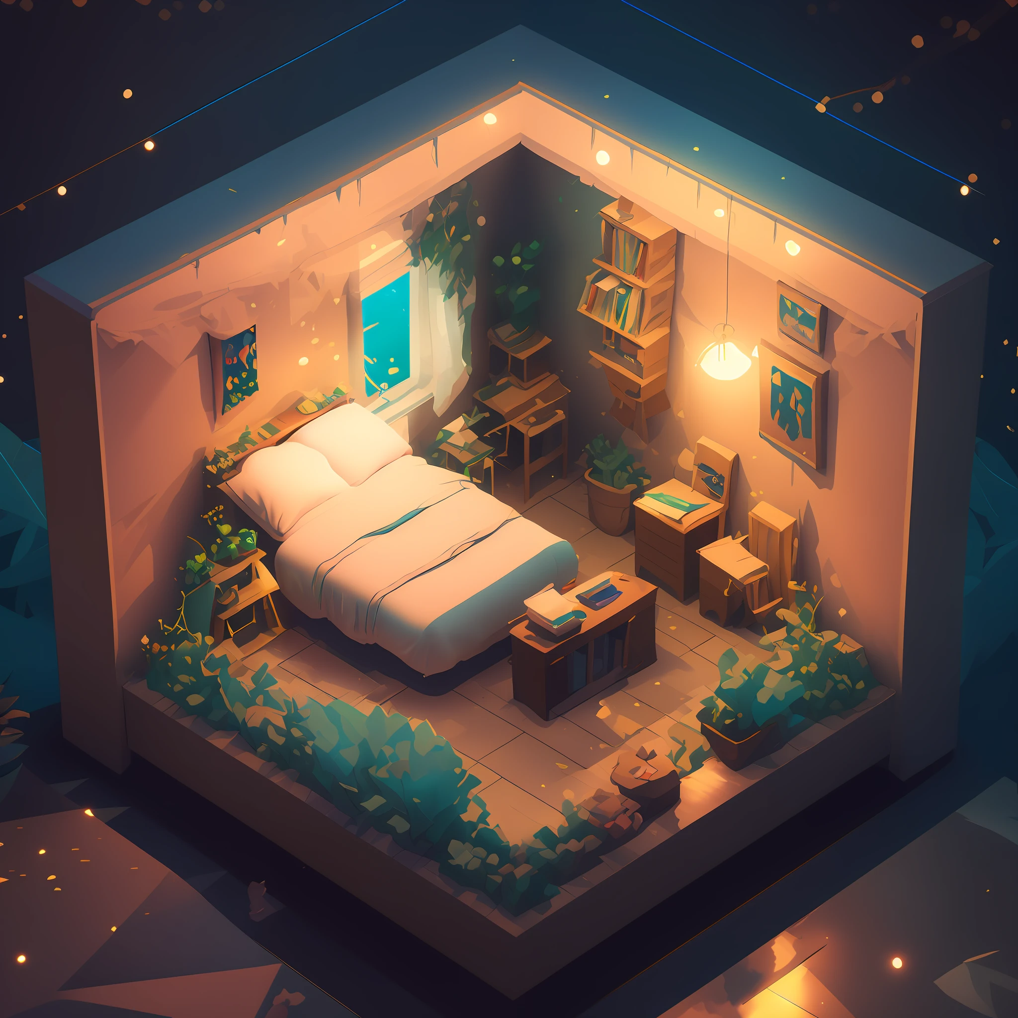 a room with a bed and a desk in it, a low poly render, inspired by Cyril Rolando, pixel art, beautiful isometric garden, underwater in the ocean at night, small and cosy student bedroom, inside a 's bedroom, organic isometric design, portfolio illustration, cute detailed artwork, beeple rendering, blurred and dreamy illustration