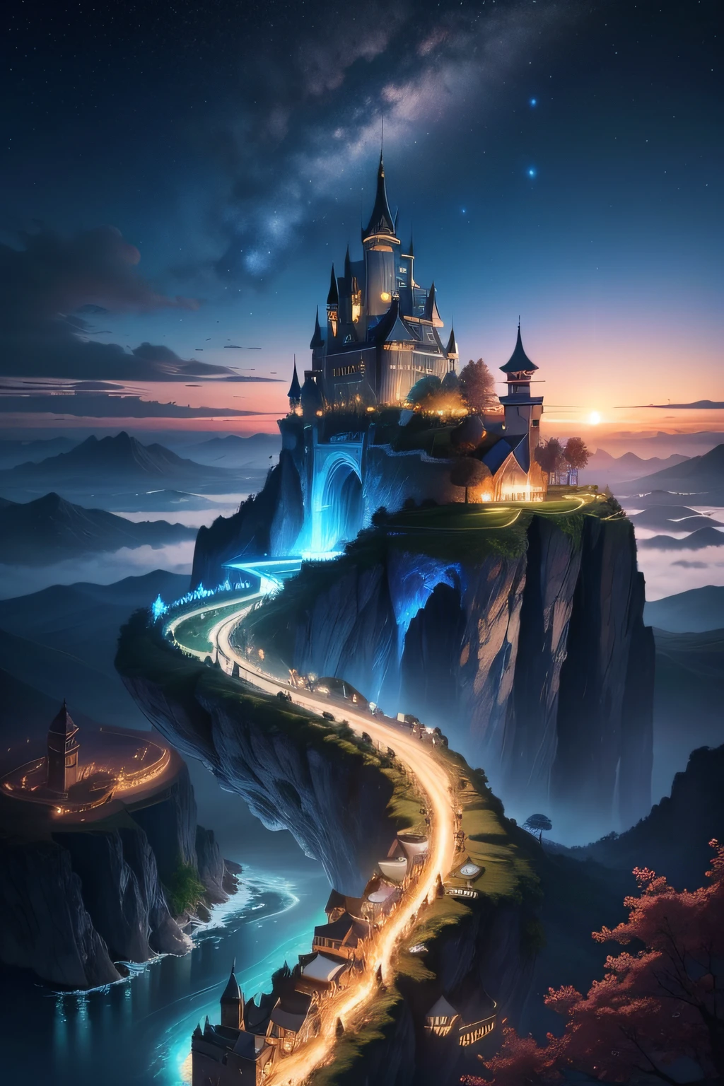 「Fantasy life abroad」Generate images depicting beautiful landscapes with the theme of。Landscapes include、There are ancient castles and palaces、The sky shines with magical colors。Mysterious creatures live on the coastline.、A school of fish swims in the crystal clear water。There are airships and dragons in the sky.、A mysterious forest stretches out in the distance。Beautiful starry sky spreads out in the night sky、Describe a shooting star bringing a wish。Living abroad in this fantasy world、Please express it as a dreamlike image.。