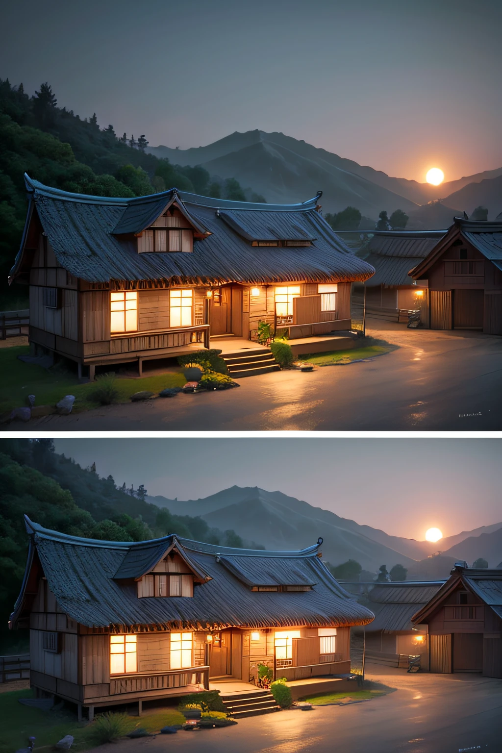 1950s Korean countryside scenery thatched cottage night --auto