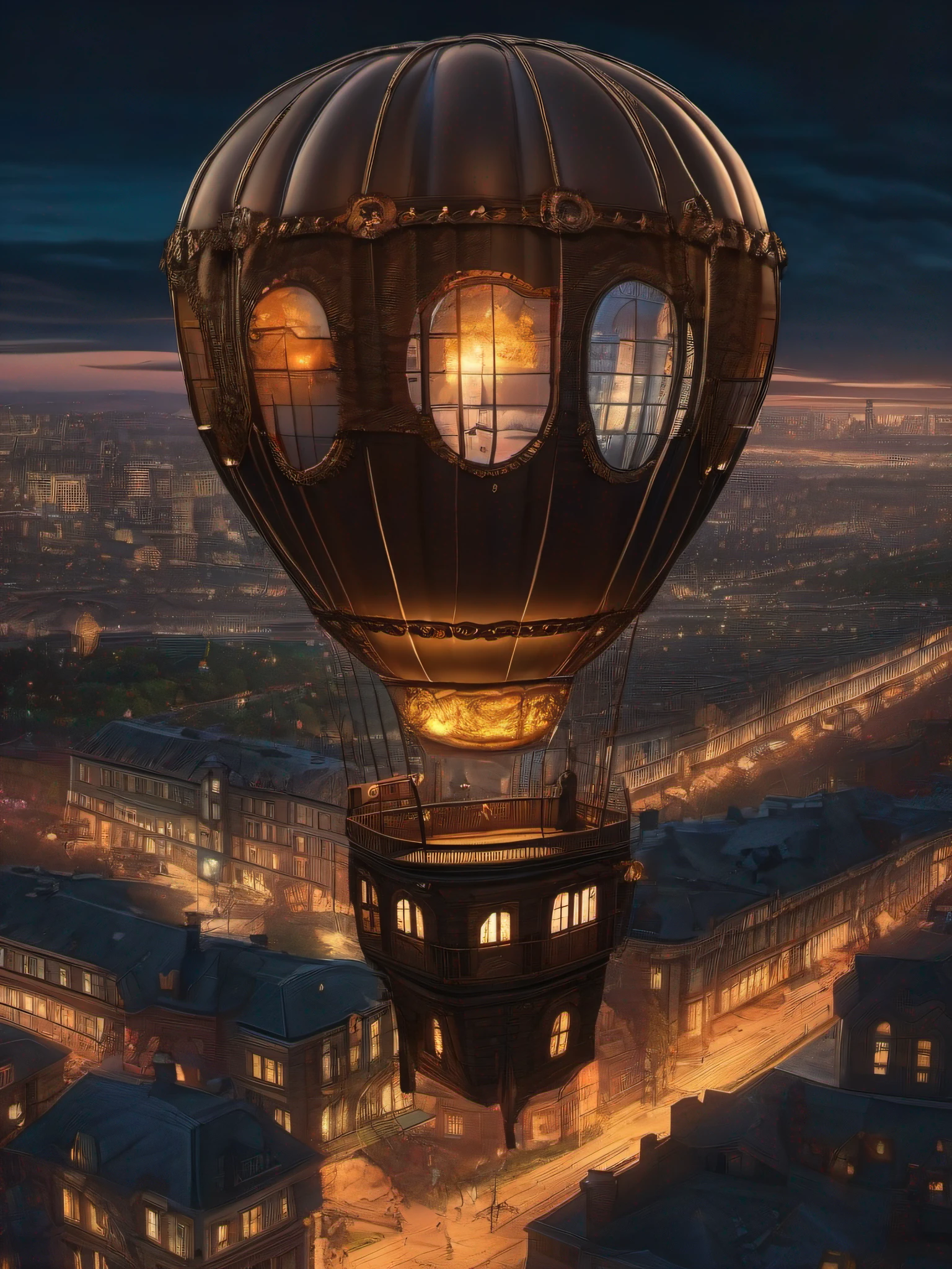 a steampunk balloon, flying over the city at night, panoramic view, ultra realistic, hyper defined, vibrant lights