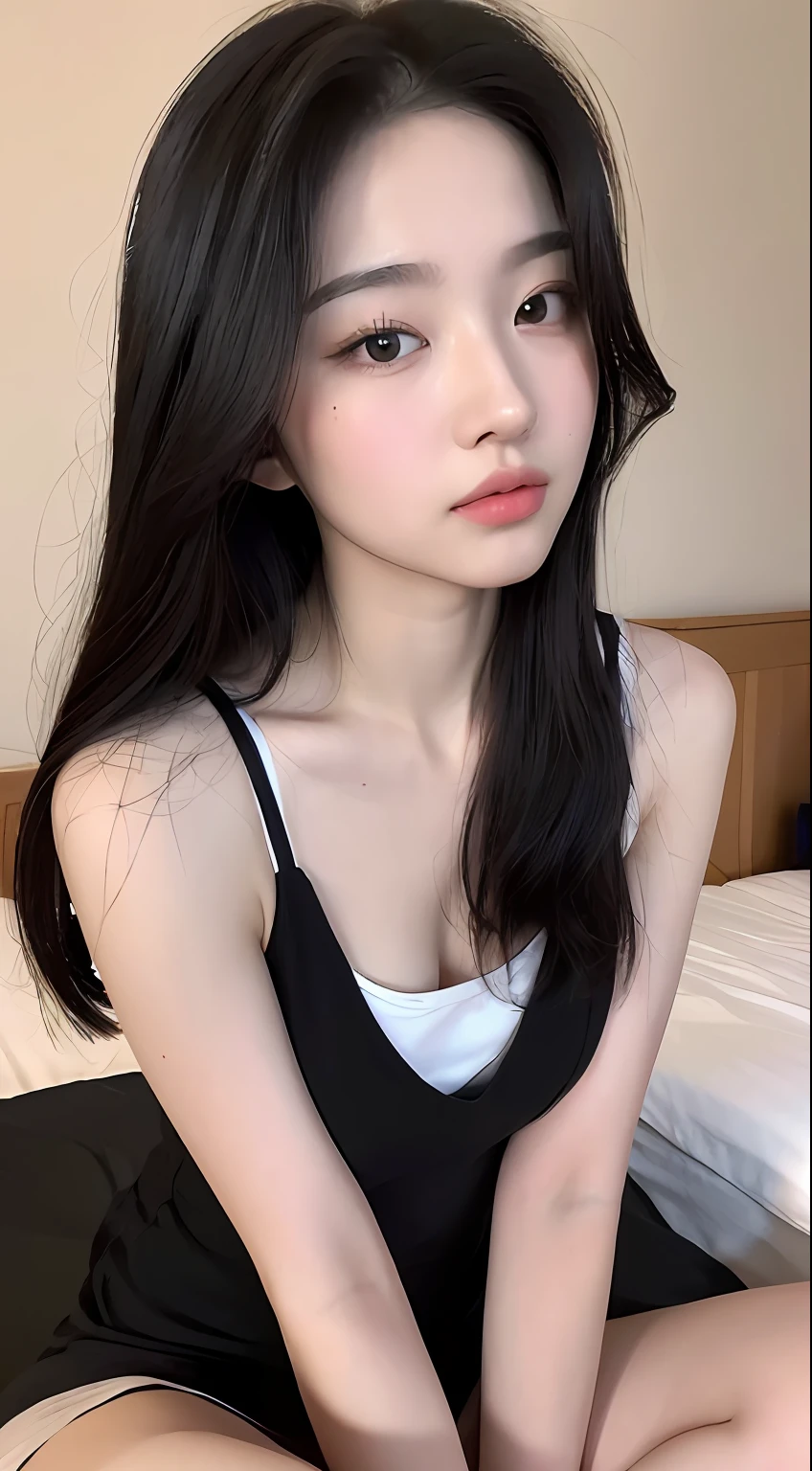 ((Top quality, 8k, Masterpiece: 1.3)), beauty, hidden face, 2 girls, beauty: 1.3, slender abs: 1.1, camisole vest, long black hair, (sitting on bed), ultra-detailed face, highly detailed lips, detailed eyes, double eyelids