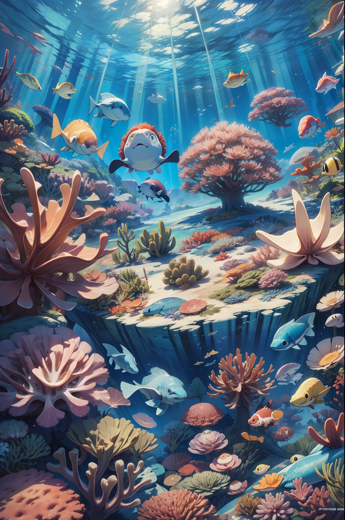 (Microscopic perspective:1.5),(Recife:1.3),(Isometric viewing angle:1.3),(45°),(starfish:1.2),(Clamshell:1.5),The corals,sea anemone,(game scenes:1.2), by Pixar, hyper HD, Masterpiece, Super detail, Best quality