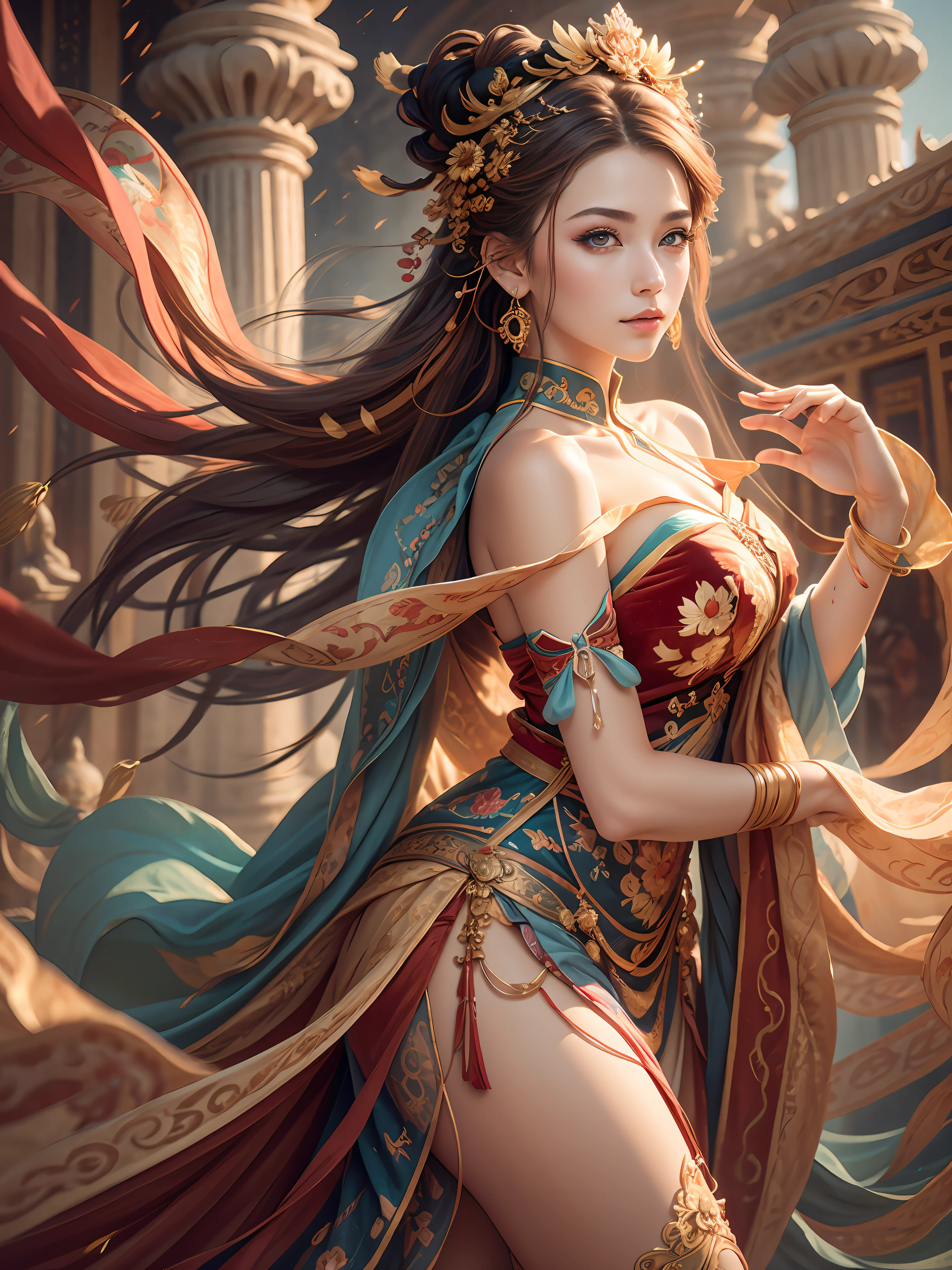 Bestquality，a masterpiece，Ultra-detailed high resolution，（Vivid：1.4），RAW Photos，，illustartion，1girle，（Solo exhibition：1.2），（Cowboy lens：1.2），（Hair crown：1.2），Traditional costumes of Dunhuang, China，strapless，（Red eyeliner：1.2），（Black eyes：1.4），earings，Dynamic angle，opera house，messy_long_hair，ink，Cinematic Light，lens_flare，velvet，chrysanthemum，tassels，Ribbon，Colorful embroidery，upper half body，facing the lens，Dynamic Pose，Large，Embroidered cloth shoes