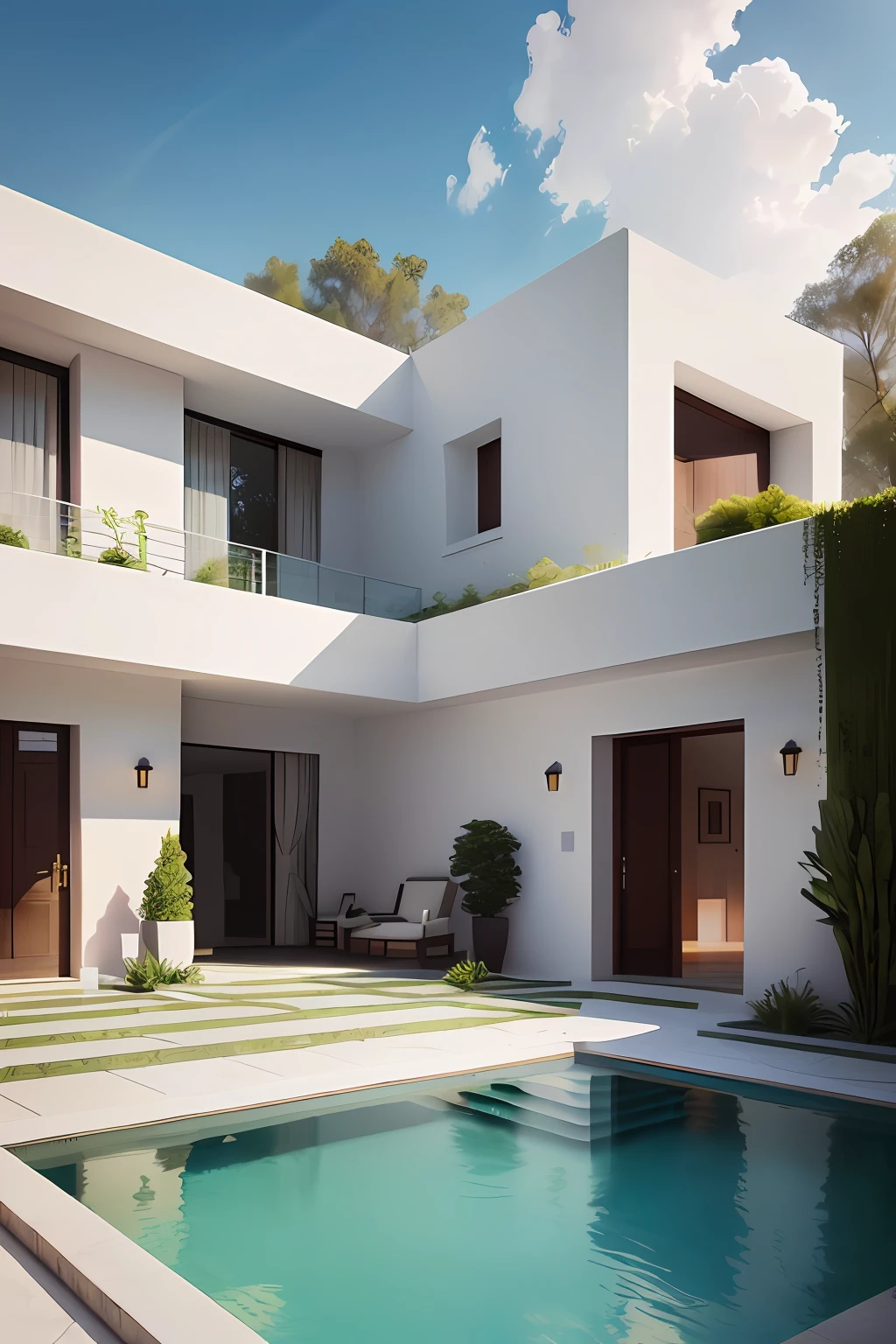 In the middle of the villa with marble sesame white façade is a swimming pool, high quality rendering, render to resolute perfection, quality rendering, all white render, award winning render, luxcore render, award winning render, lumion render, high quality rendering, professional render, archviz, bright render, architectural render, stunning render, inter dimensional villa, building rendering