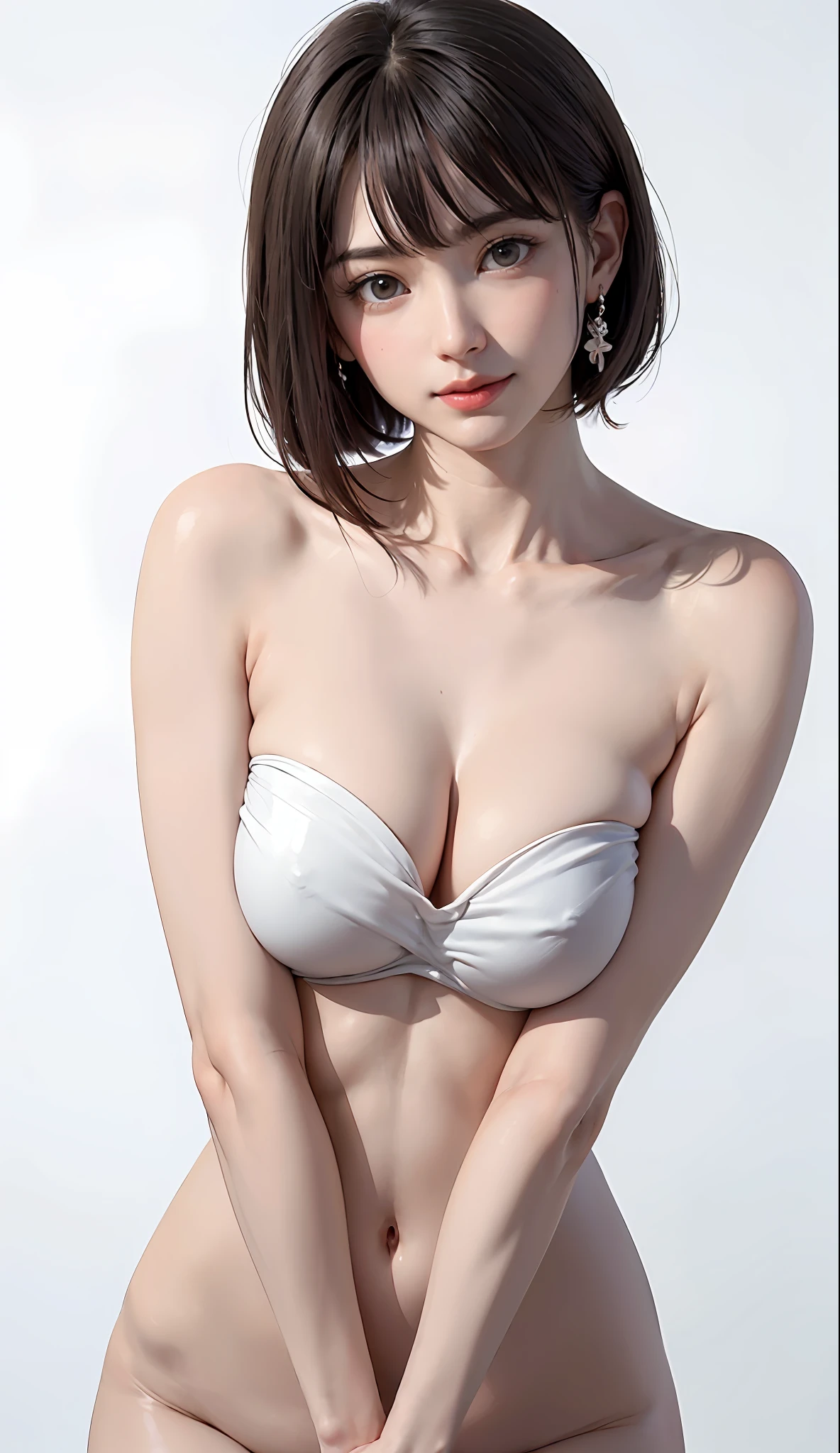 (Upper body naked:1.5、Lower body only:1.5、I'm not wearing anything:1.5、Nothing attached:1.5、Very cute supermodel:1.3、Highlights in the eyes、spotless、cute little、Beautiful fece、lipgloss)、Look firmly at the camera、Short bob cut with clean bangs、the neck is long、neck long、Put your ears out、(Clean collarbone、pretty skin、Perfect body、Perfect fingers、perfect arms、perfect hand、Smaller face、Clean belly button、Pretty face of the golden ratio、slightly thinner waist)、Open your crotch、(Look firmly at the camera:1.5)、(Immaculate white background with nothing really、Immaculate white background with nothing really:1.5)、Perfect Anatomy、very large breast、very Bigger breasts:1.6、Colossal tits、Very big big、very large clean areolas,:1.6、Clean areola、Bring your chest together、adult appeal、closes mouth:1.3、smil、Smiling happily:1.3、A little wind blows、((From above:1.2))