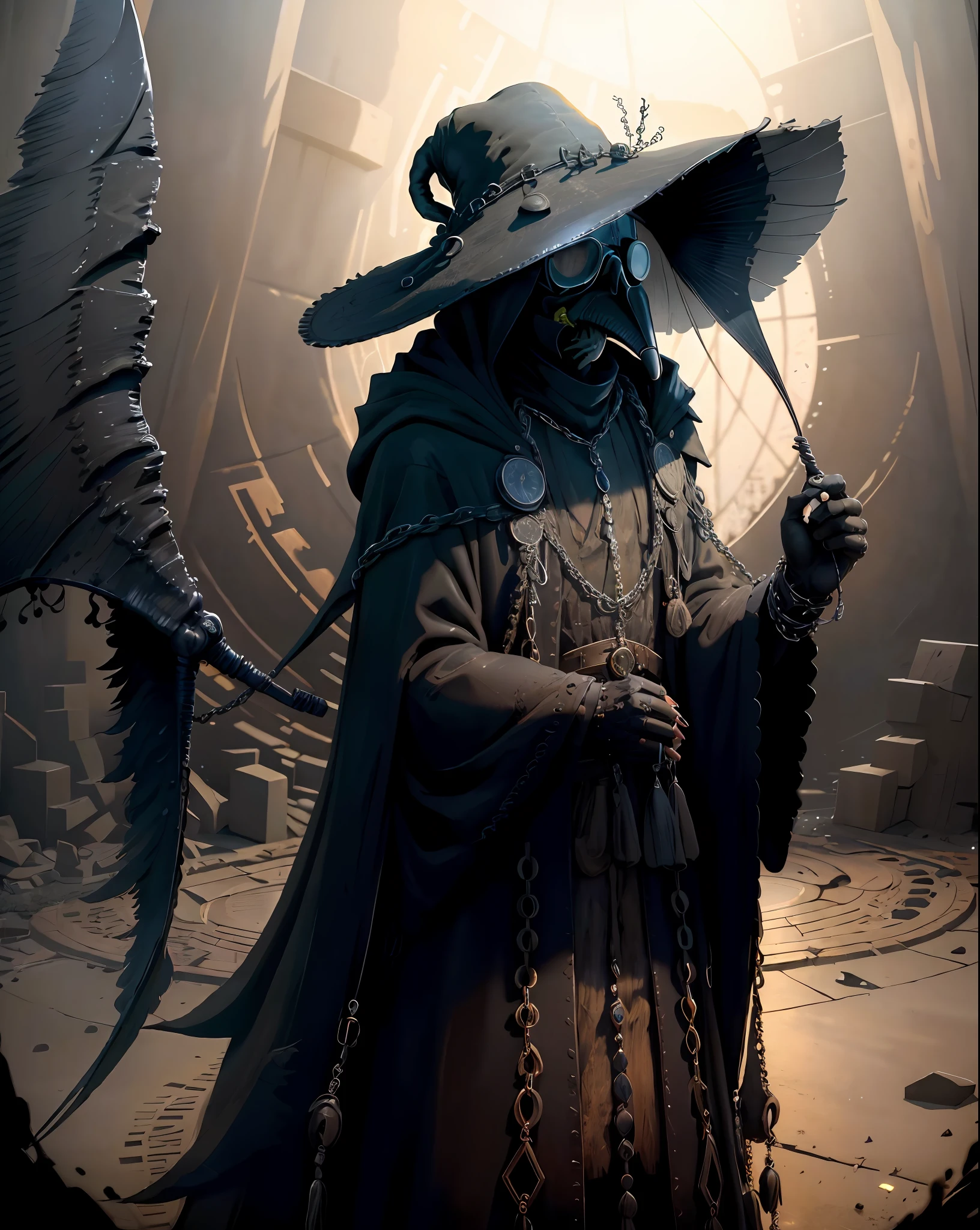 (Masterpiece, Best Quality), highres, (8k resolution), centered, (ultra-detailed), madgod, solo, plague doctor, goggles, hat, chains, black veil, beaked mask, volumetric lighting:1.1, dark, (details:1.2), sharp focus, floating particles, (depth of field), high quality, fuji 85mm, ruins, scenery, extremely detailed background, nightmare, 8k,  intricate, holding, scythe, long fingers, long fingernails,