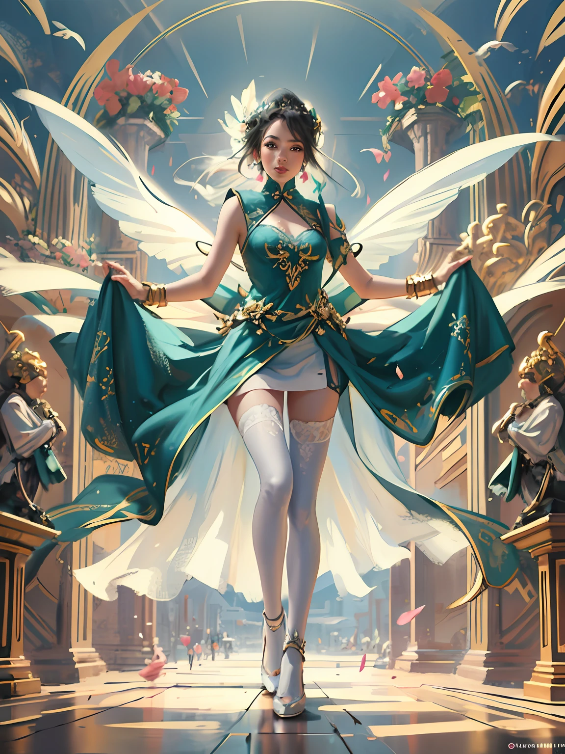 Alphad image of a woman in a green dress and white stockings, wlop and ross thran, Ross Tran style, artgerm julie bell beeple, Ross Tran 8 K, ross tran and wlop, art-style, 2. 5 D CGI anime fantasy artwork, Extremely detailed Artgerm, Fantasy art Behance