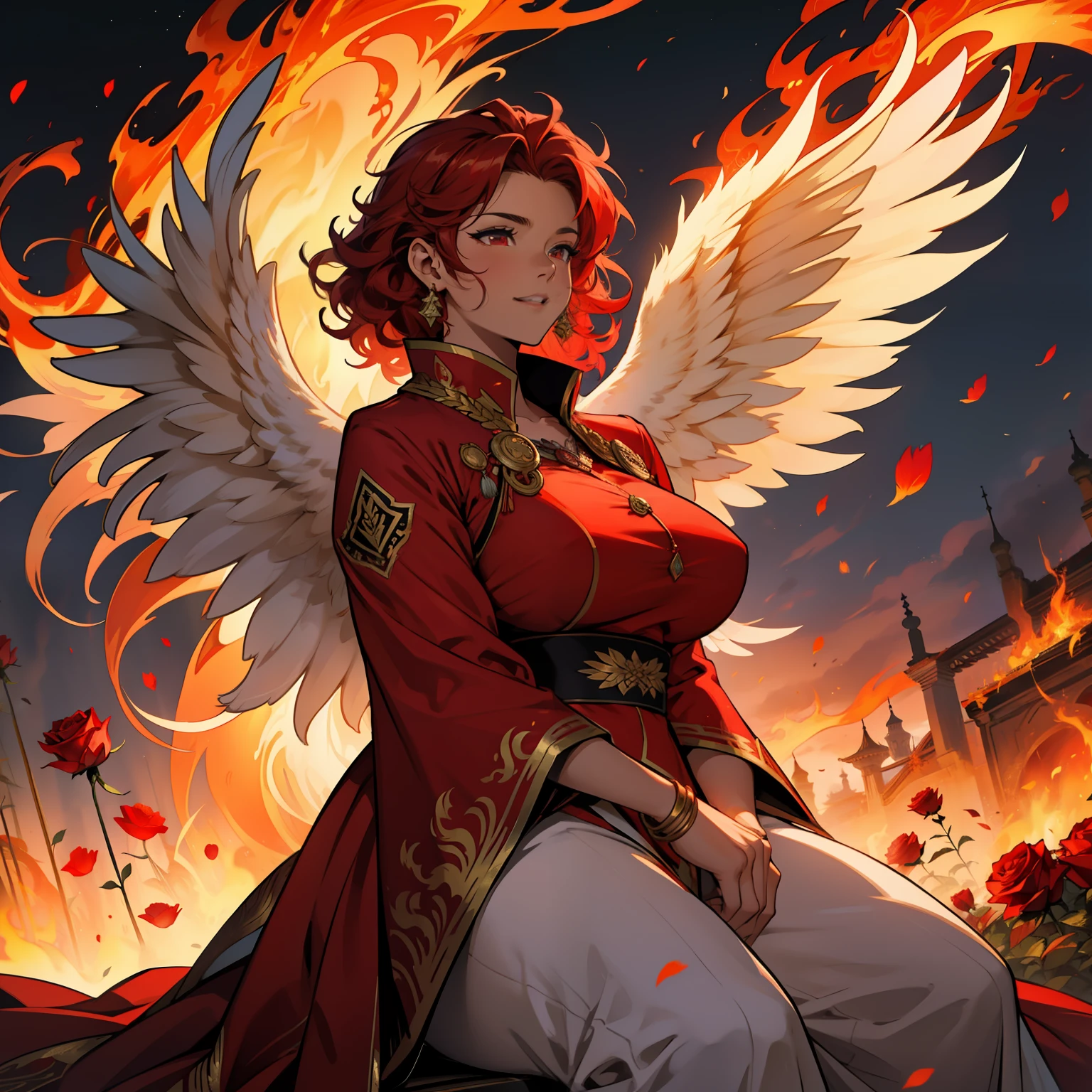 Red Phoenix , beautiful female, chubby, flames on body, huge wings, curly hair, flames, fire, in gardens of roses, supreme royal attire