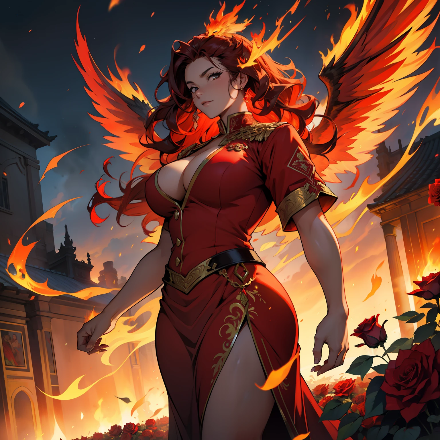 Red Phoenix , beautiful female, chubby, flames on body, huge wings, curly hair, flames, fire, in gardens of roses, supreme royal attire