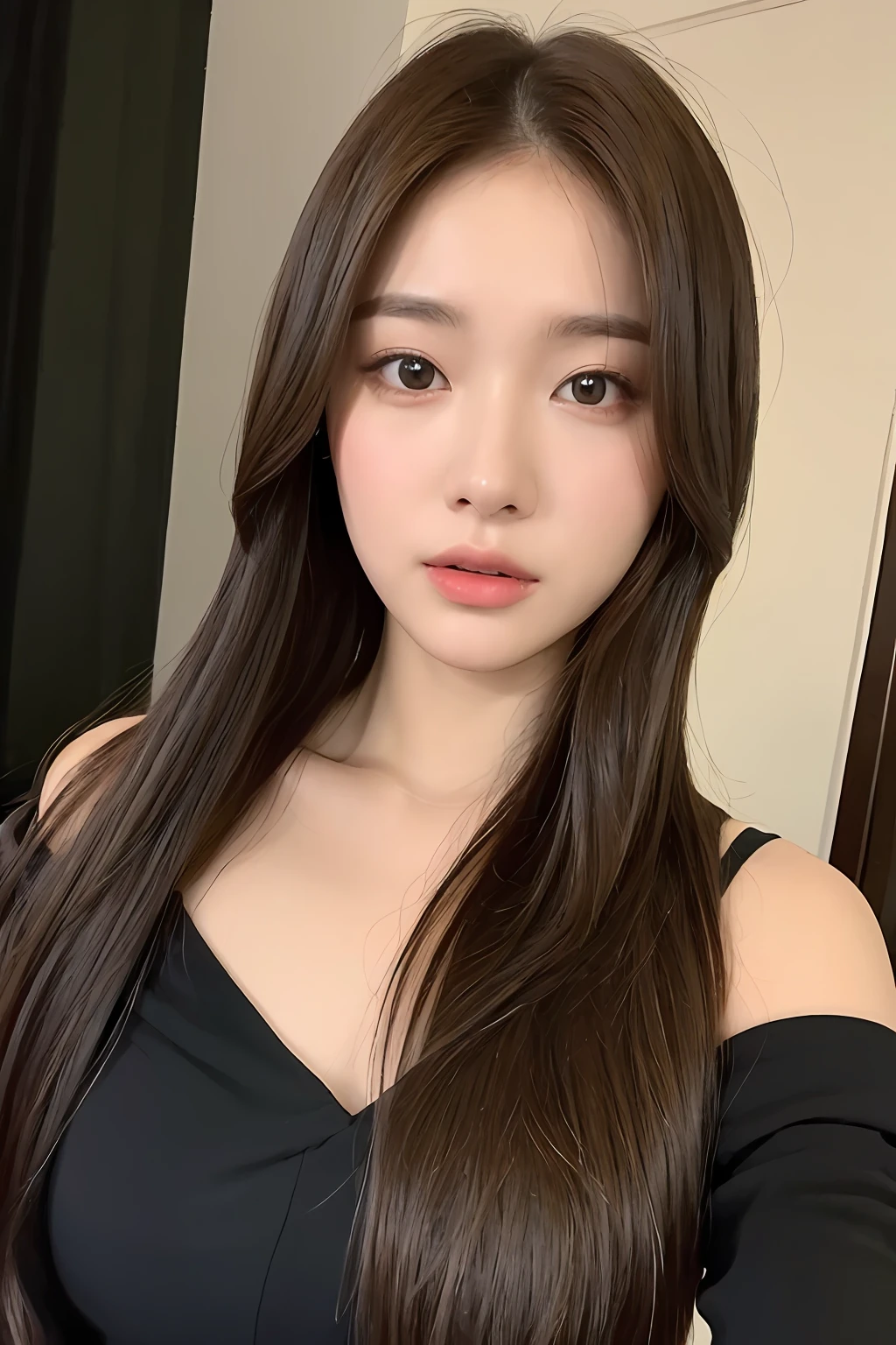 ((nighttime scene,逼真光线,best qualtiy,8K,tmasterpiece:1.3)),1girll,Beautiful woman with plump body:1.4,(brown hair,mediuml breasts:1.3),Off-the-shoulder cut top:1.3,sofe,Super detailed face,Detailed eyes,二重まぶた