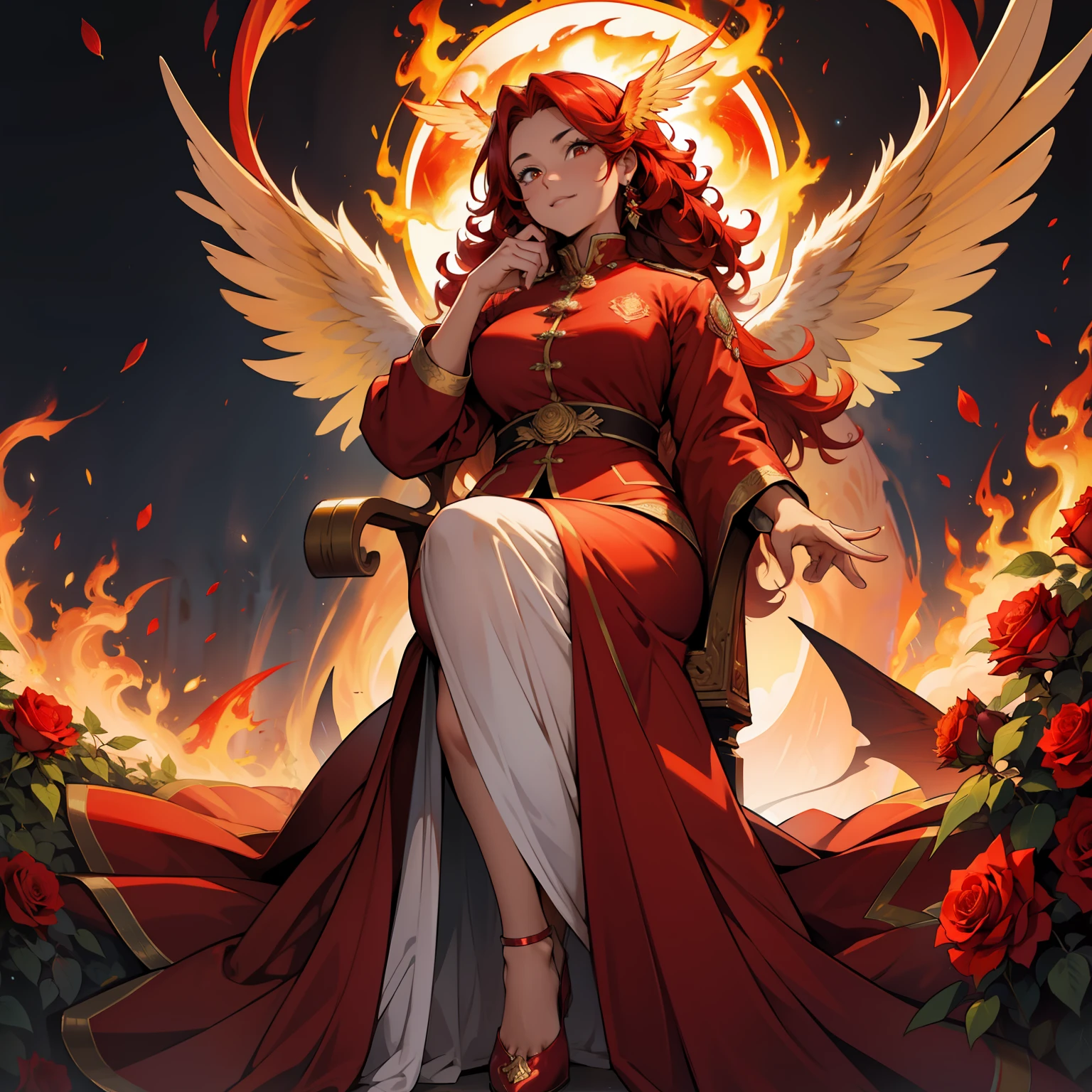 Red Phoenix , beautiful female, chubby, flames on body, huge wings, curly hair, flames, fire, in gardens of roses, supreme royal attire