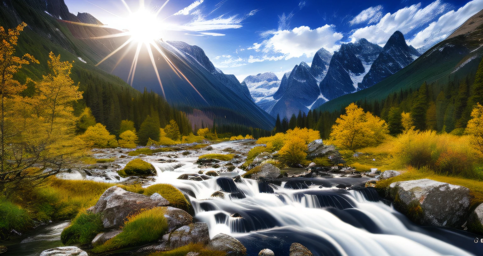 detailed background, masterpiece, best quality, landscape, mountains, river, forest, sun, day, clouds