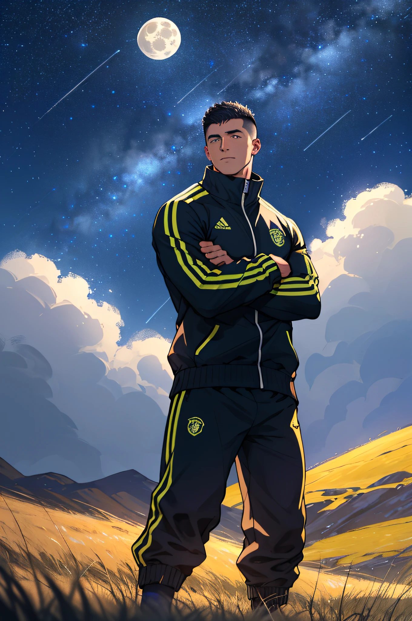 Draw a full-fledged footballer,Standing on the steppe at night,He was wearing a tracksuit,The man looks confident and determined,looking-down,Crew cut,full bodyesbian,Stars dot the sky,shooting from below,Big moon highlights background